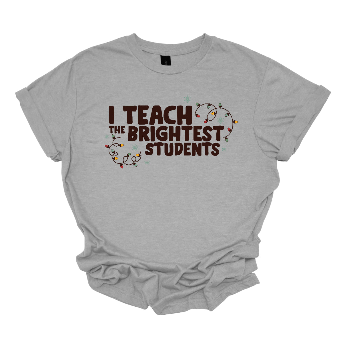 Celebrate your passion for teaching with our "I Teach the Brightest Students" t-shirt! This fun and festive design features cheerful Christmas lights framing the text, adding a touch of holiday spirit to your classroom vibe. Made from soft, comfortable fabric, it’s perfect for wearing during the festive season or any day you want to show off your pride in your students. Brighten up your wardrobe and spread some joy—because every great teacher deserves to shine! Shop at Gorgeousware.com