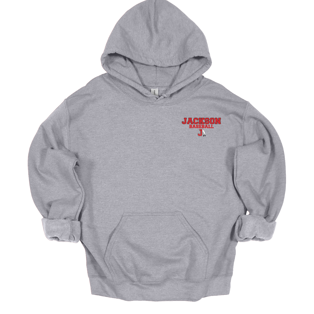 Grey hoodie with a red and white logo that says "Jackson Baseball" text with a J Spear on a white background