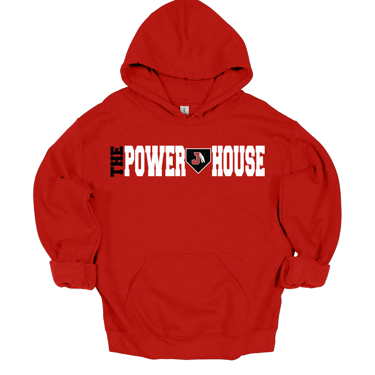 Red hoodie with 'The Power House' text on a white background
