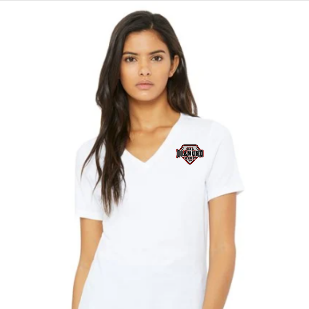 Woman wearing a white t-shirt with the SEMO Diamond Academy logo on a white background