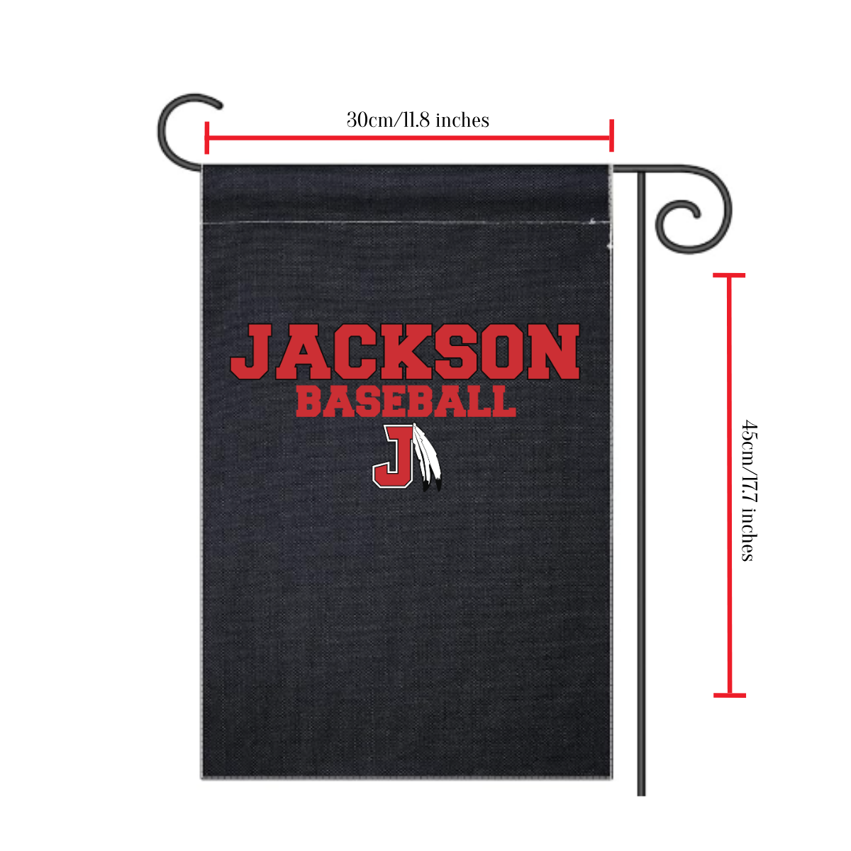 Black garden flag with 'Jackson Baseball' text and measurements on a white background