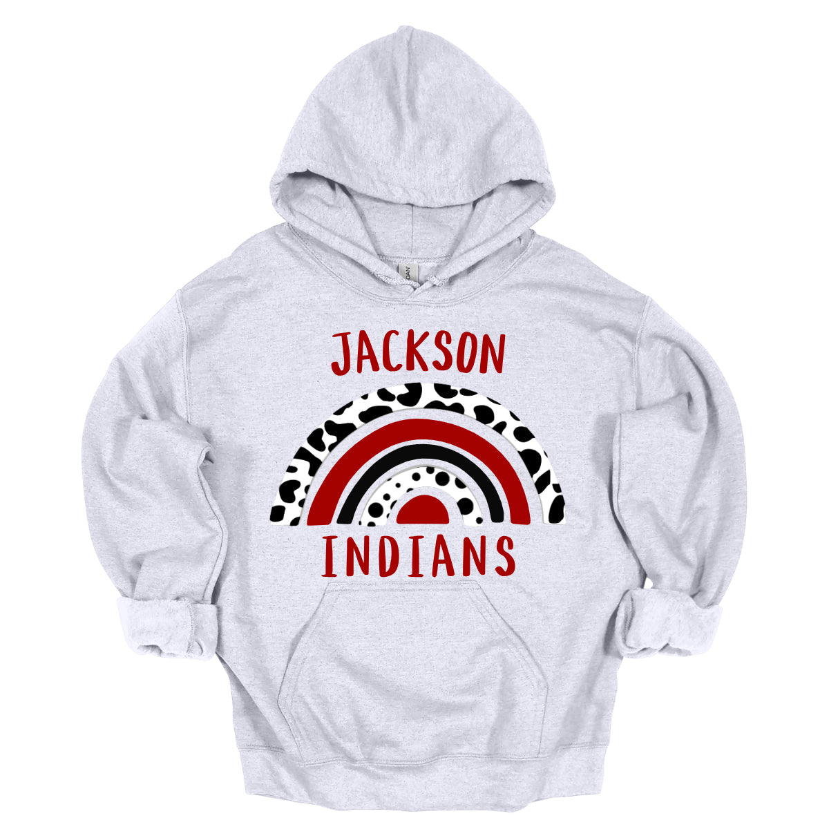 Show off your unique Indian spirit with our Jackson Indians apparel featuring a one-of-a-kind design! This eye-catching piece highlights a whimsical rainbow pattern, infused with a bold cheetah print for an adventurous twist. The playful rainbow arcs across the design, blending vibrant colors with the fierce, energetic vibe of the cheetah print. At the heart of it all, the Jackson Indians logo stands proudly, ensuring your school pride shines through. Shop at Gorgeousware.com