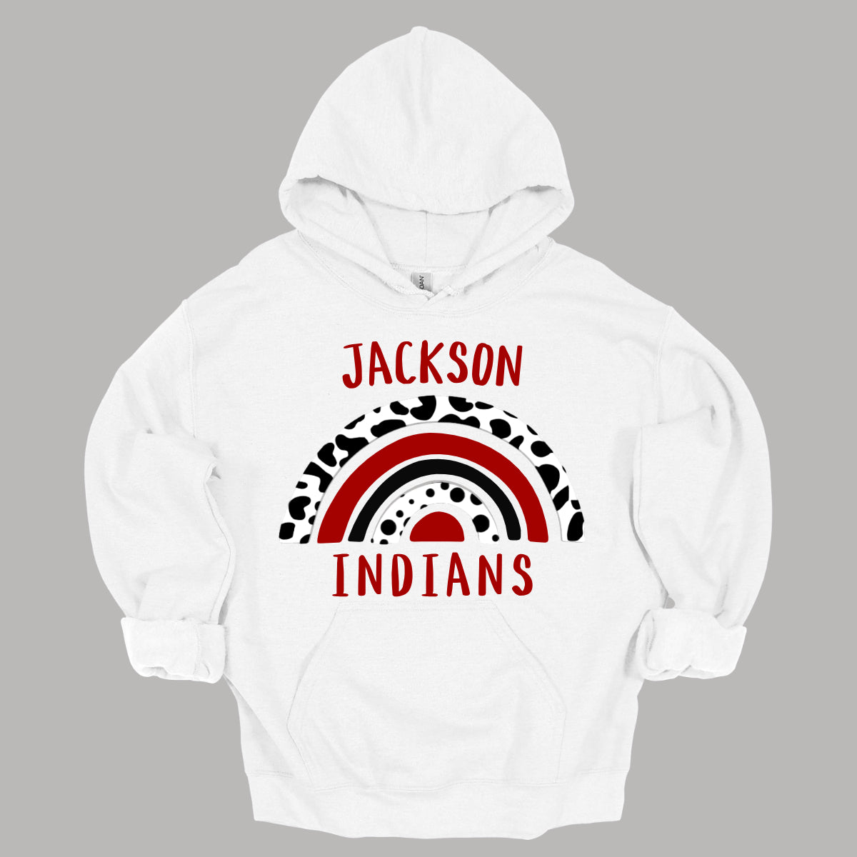 Show off your unique Indian spirit with our Jackson Indians apparel featuring a one-of-a-kind design! This eye-catching piece highlights a whimsical rainbow pattern, infused with a bold cheetah print for an adventurous twist. The playful rainbow arcs across the design, blending vibrant colors with the fierce, energetic vibe of the cheetah print. At the heart of it all, the Jackson Indians logo stands proudly, ensuring your school pride shines through. Shop at Gorgeousware.com