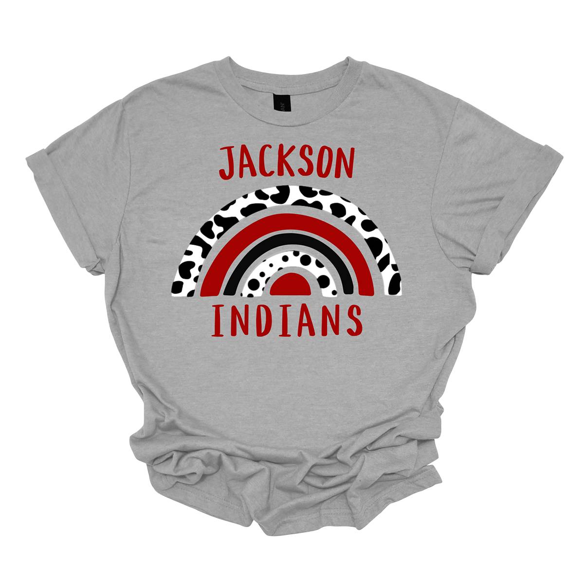 Show off your unique Indian spirit with our Jackson Indians apparel featuring a one-of-a-kind design! This eye-catching piece highlights a whimsical rainbow pattern, infused with a bold cheetah print for an adventurous twist. The playful rainbow arcs across the design, blending vibrant colors with the fierce, energetic vibe of the cheetah print. At the heart of it all, the Jackson Indians logo stands proudly, ensuring your school pride shines through. Shop at Gorgeousware.com
