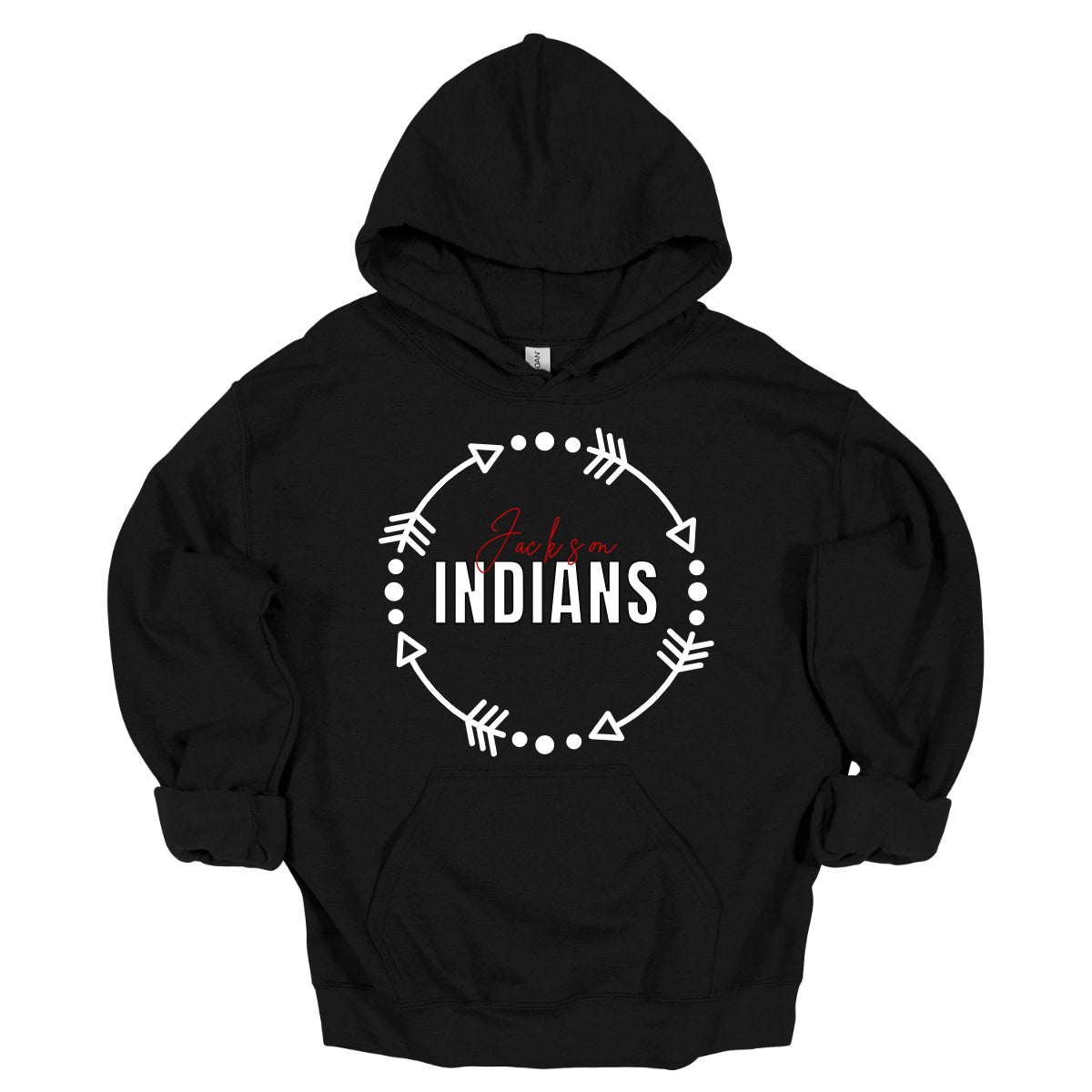 The T-shirt design features a dynamic and spirited look with a white arrow circle at its center. This circle encircles the words "Jackson" and "Indians" in a striking color scheme highlighting school pride. The arrow circle adds a sense of movement and energy, making the overall design both modern and eye-catching. This T-shirt is perfect for showcasing school spirit with style. Shop at gorgeousware.com