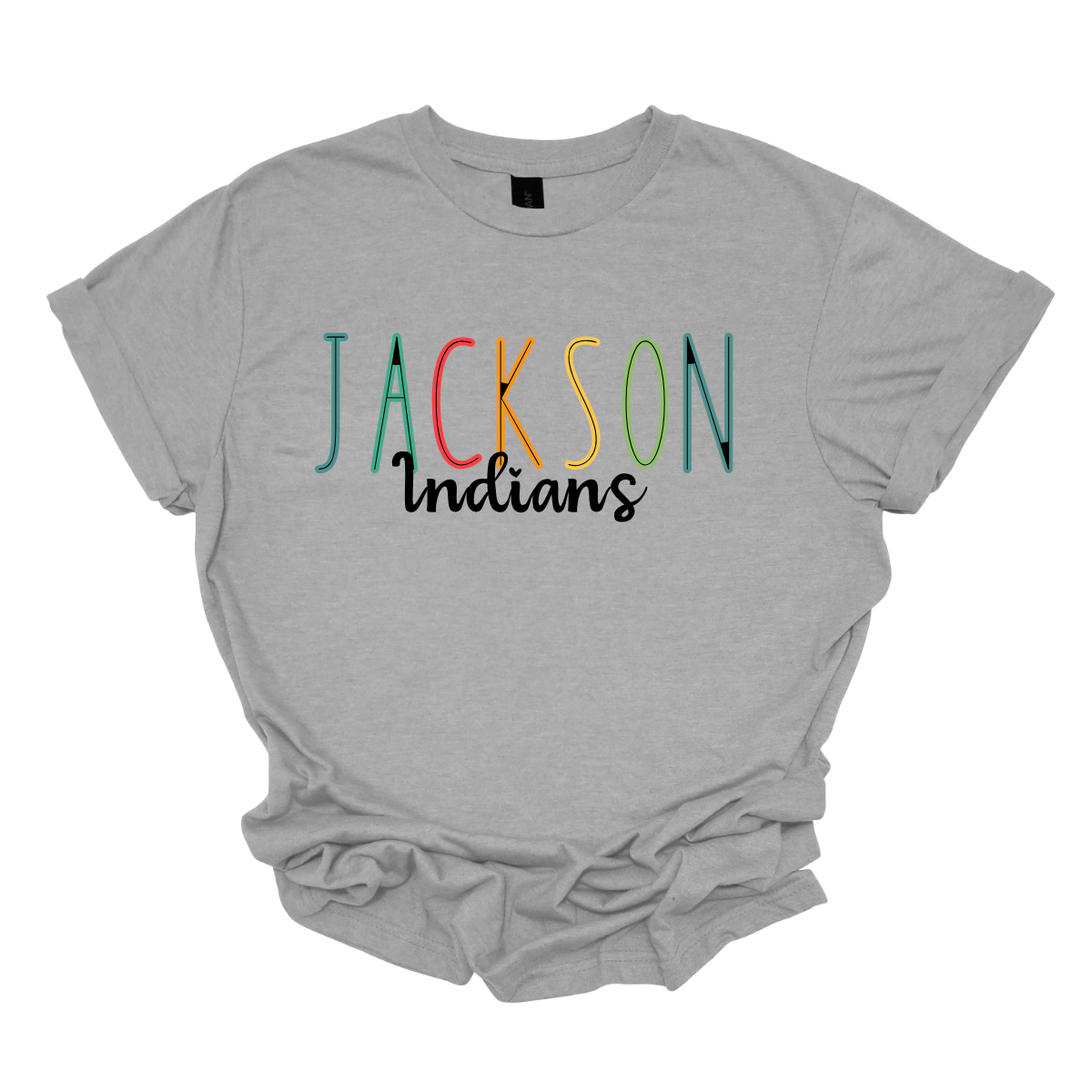 Show your Jackson pride with our vibrant Jackson Indians Spiritwear T-shirt! This eye-catching design features "Jackson" prominently highlighted in a spectrum of bold, dynamic colors, showcasing your school spirit in every shade. The word "Indians" is elegantly scripted in black cursive, adding a touch of classic sophistication to this spirited tee. Shop at Gorgeousware.com