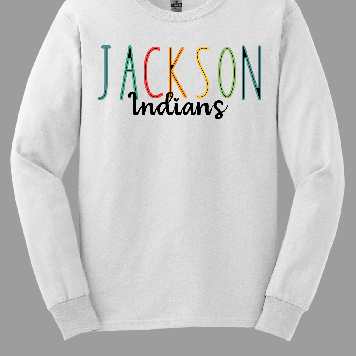 Show your Jackson pride with our vibrant Jackson Indians Spiritwear T-shirt! This eye-catching design features "Jackson" prominently highlighted in a spectrum of bold, dynamic colors, showcasing your school spirit in every shade. The word "Indians" is elegantly scripted in black cursive, adding a touch of classic sophistication to this spirited tee. Shop at Gorgeousware.com