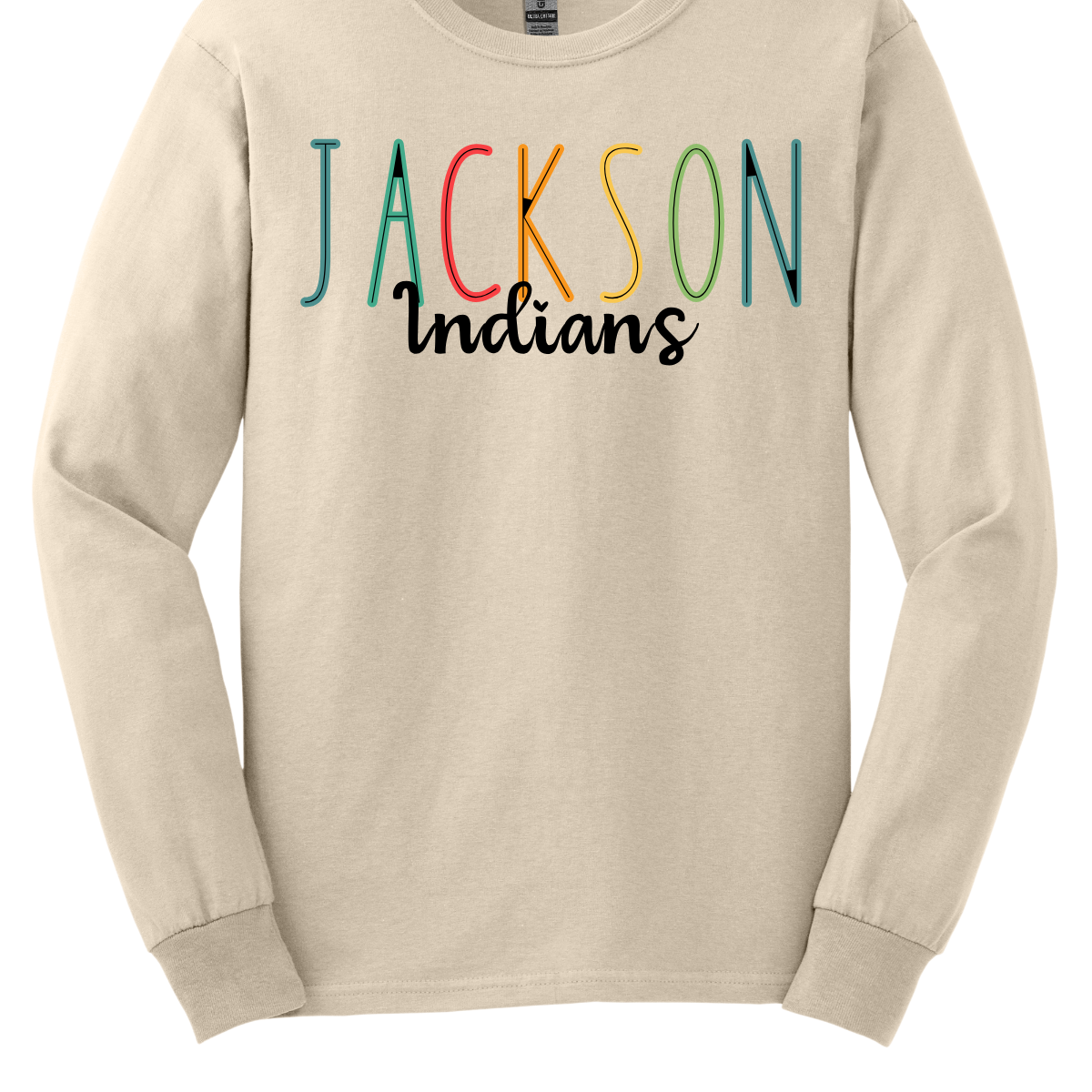 Show your Jackson pride with our vibrant Jackson Indians Spiritwear T-shirt! This eye-catching design features "Jackson" prominently highlighted in a spectrum of bold, dynamic colors, showcasing your school spirit in every shade. The word "Indians" is elegantly scripted in black cursive, adding a touch of classic sophistication to this spirited tee. Shop at Gorgeousware.com