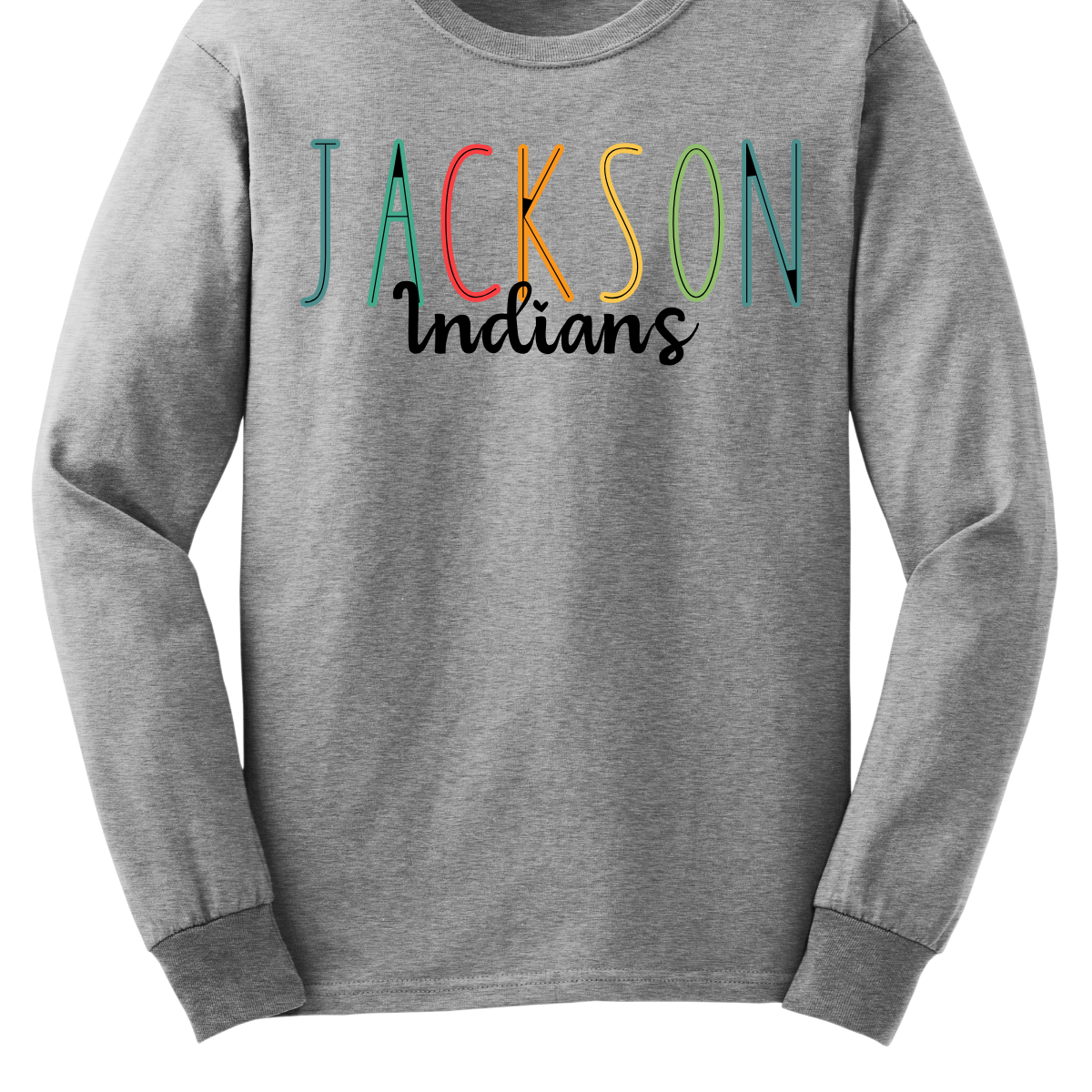 Show your Jackson pride with our vibrant Jackson Indians Spiritwear T-shirt! This eye-catching design features "Jackson" prominently highlighted in a spectrum of bold, dynamic colors, showcasing your school spirit in every shade. The word "Indians" is elegantly scripted in black cursive, adding a touch of classic sophistication to this spirited tee. Shop at Gorgeousware.com