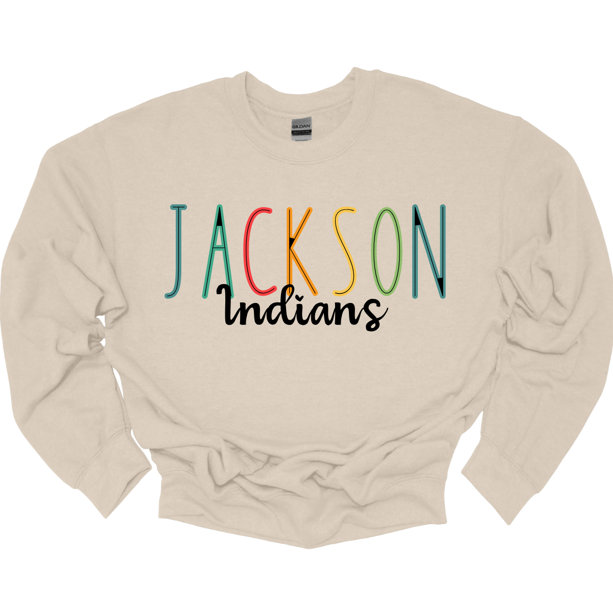 Show your Jackson pride with our vibrant Jackson Indians Spiritwear T-shirt! This eye-catching design features "Jackson" prominently highlighted in a spectrum of bold, dynamic colors, showcasing your school spirit in every shade. The word "Indians" is elegantly scripted in black cursive, adding a touch of classic sophistication to this spirited tee. Shop at Gorgeousware.com