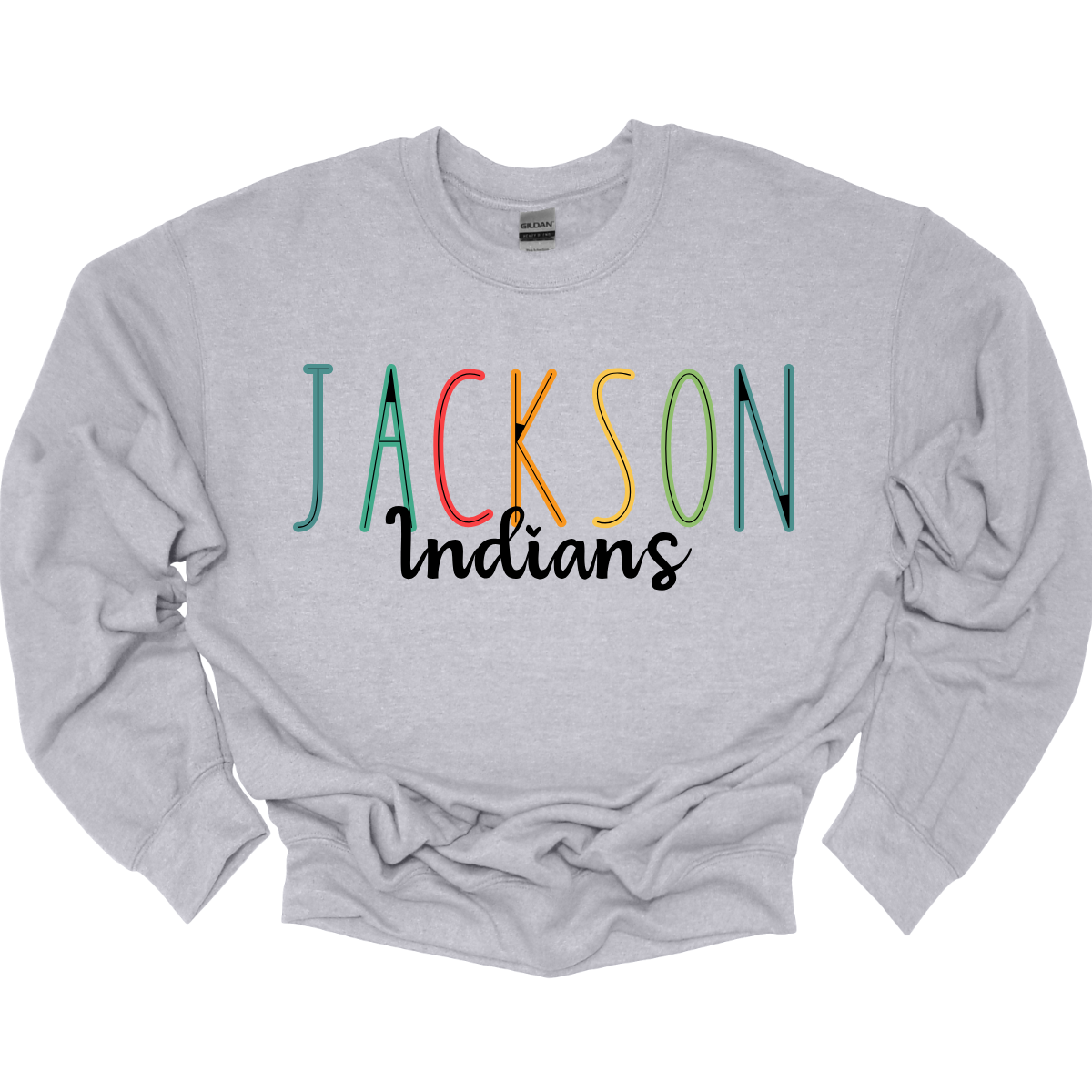 Show your Jackson pride with our vibrant Jackson Indians Spiritwear T-shirt! This eye-catching design features "Jackson" prominently highlighted in a spectrum of bold, dynamic colors, showcasing your school spirit in every shade. The word "Indians" is elegantly scripted in black cursive, adding a touch of classic sophistication to this spirited tee. Shop at Gorgeousware.com