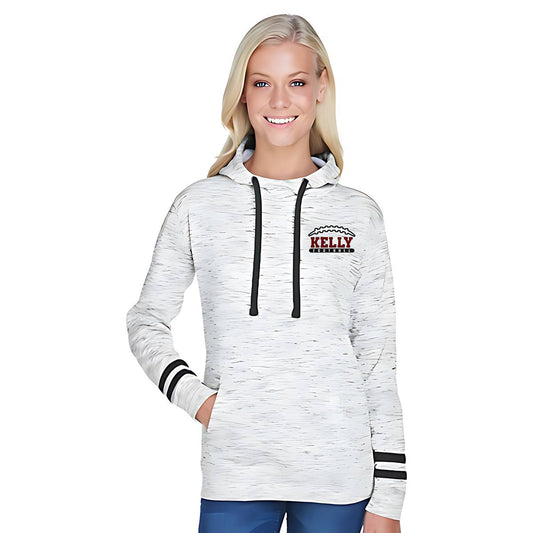 Stay cozy and show your team spirit with this ultra-soft melange fleece hooded pullover. Featuring a modern black and white color combo, bold striped sleeves, and a relaxed women’s fit, this hoodie blends comfort with standout style. The Kelly Football logo on the left sleeve adds the perfect touch of team pride. Whether you’re cheering from the stands or running errands, this pullover is a go-to for any Hawks fan. Shop at Gorgeousware.com