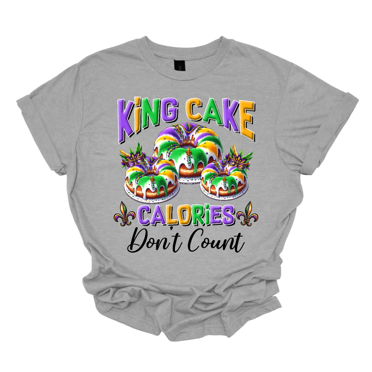 Indulge guilt-free in the sweet delights of Mardi Gras with our 'King Cake Calories Don't Count' t-shirt! Adorned with a whimsical king cake design, this shirt embodies the spirit of celebration and indulgence that defines the season. Whether you're savoring the cinnamon-infused layers of pastry or eagerly searching for the hidden baby, this shirt is a playful reminder that during Mardi Gras, calories simply don't matter Shop at Gorgeousware.com