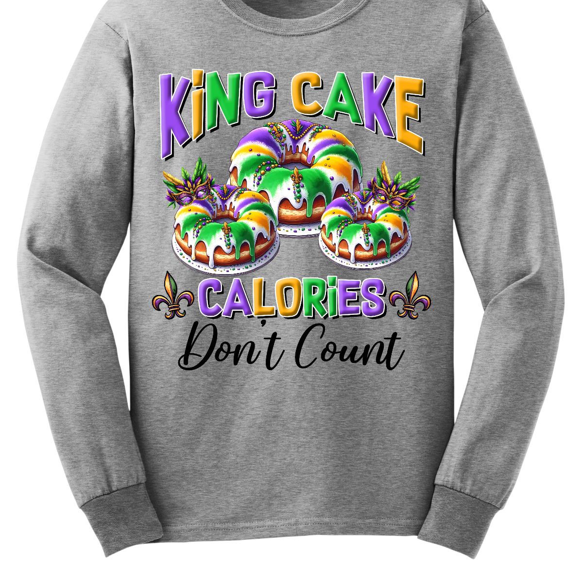 Indulge guilt-free in the sweet delights of Mardi Gras with our 'King Cake Calories Don't Count' t-shirt! Adorned with a whimsical king cake design, this shirt embodies the spirit of celebration and indulgence that defines the season. Whether you're savoring the cinnamon-infused layers of pastry or eagerly searching for the hidden baby, this shirt is a playful reminder that during Mardi Gras, calories simply don't matter Shop at Gorgeousware.com