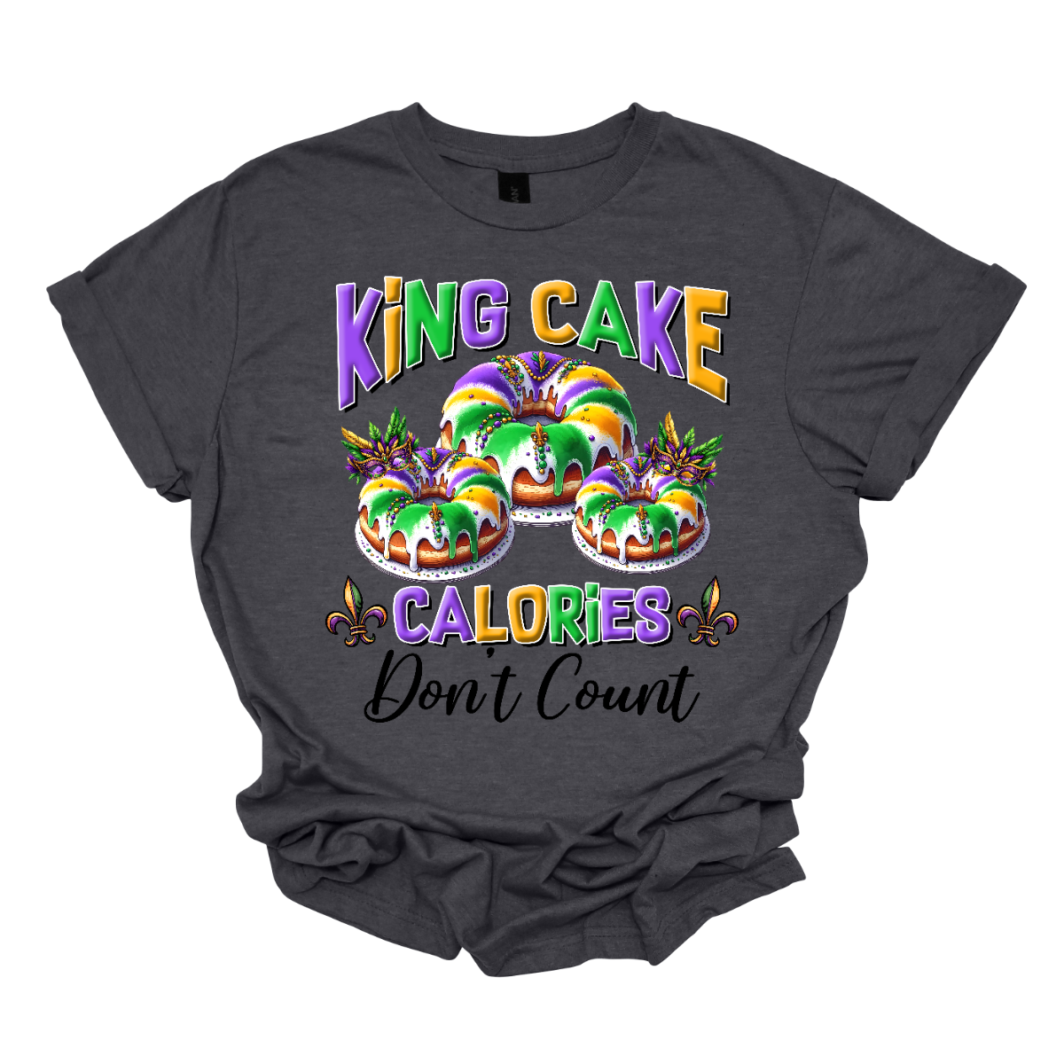 Indulge guilt-free in the sweet delights of Mardi Gras with our 'King Cake Calories Don't Count' t-shirt! Adorned with a whimsical king cake design, this shirt embodies the spirit of celebration and indulgence that defines the season. Whether you're savoring the cinnamon-infused layers of pastry or eagerly searching for the hidden baby, this shirt is a playful reminder that during Mardi Gras, calories simply don't matter Shop at Gorgeousware.com