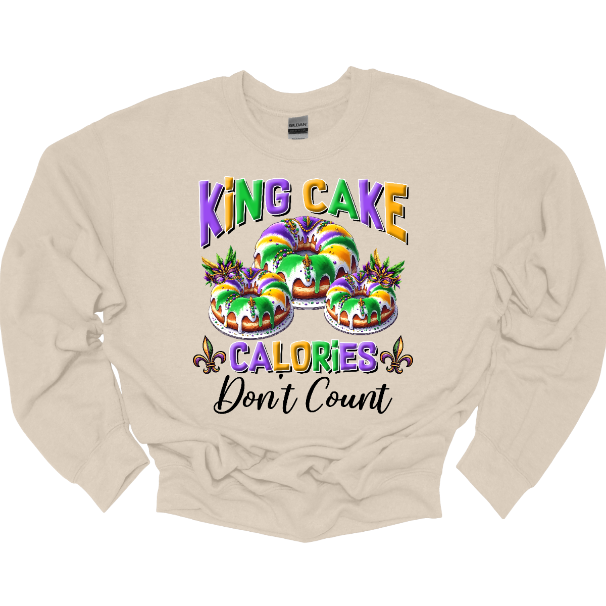 Indulge guilt-free in the sweet delights of Mardi Gras with our 'King Cake Calories Don't Count' t-shirt! Adorned with a whimsical king cake design, this shirt embodies the spirit of celebration and indulgence that defines the season. Whether you're savoring the cinnamon-infused layers of pastry or eagerly searching for the hidden baby, this shirt is a playful reminder that during Mardi Gras, calories simply don't matter Shop at Gorgeousware.com