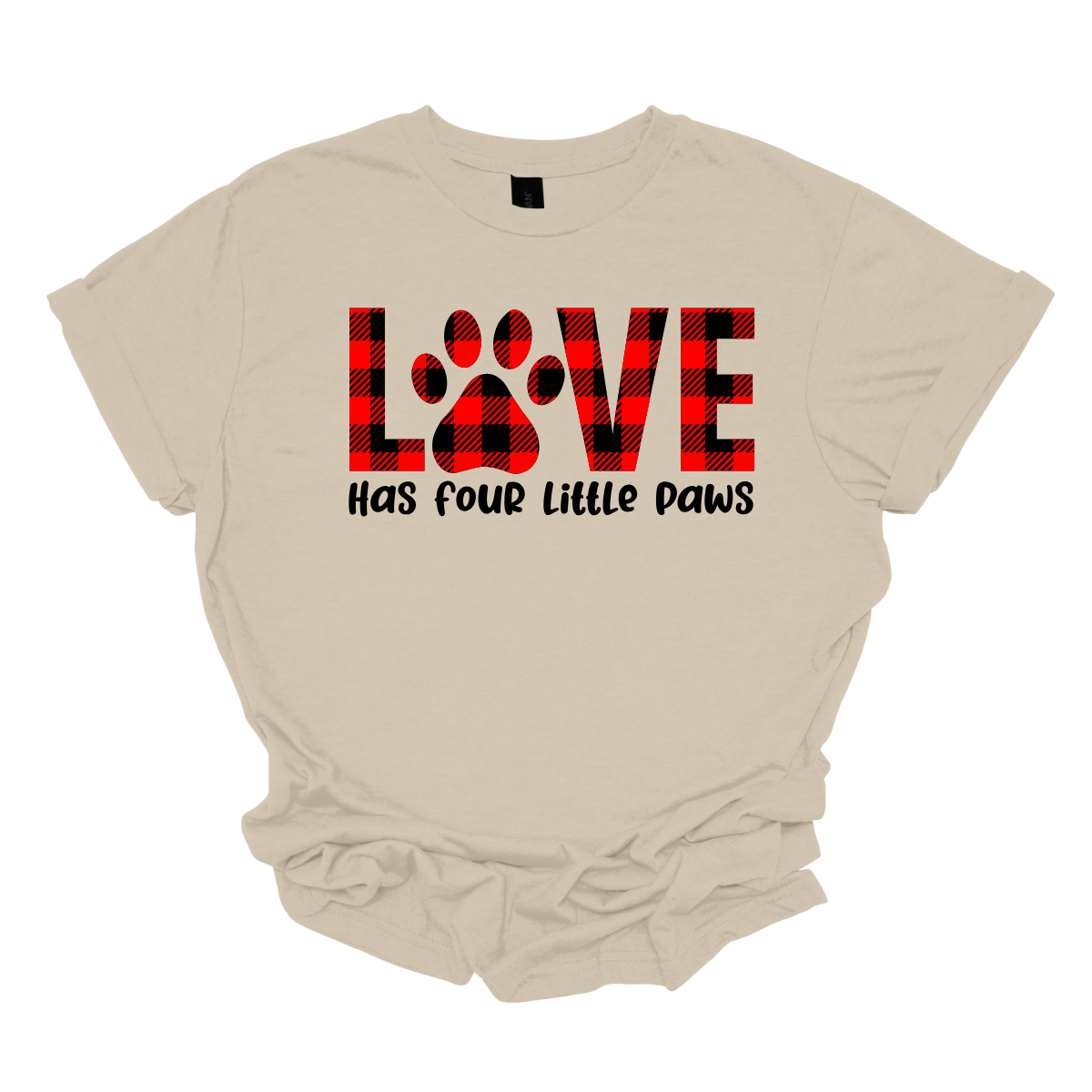 Declare your love for furry companions with our 'LOVE has Four Little Paws' T-shirt, featuring an adorable paw print in black and red plaid and a paw as the 'O'. This tee is a heartwarming tribute to the joy that pets bring into our lives. The charming plaid design adds a touch of rustic  charm, creating a perfect blend of style and sentiment. Shop at Gorgeousware.com today!