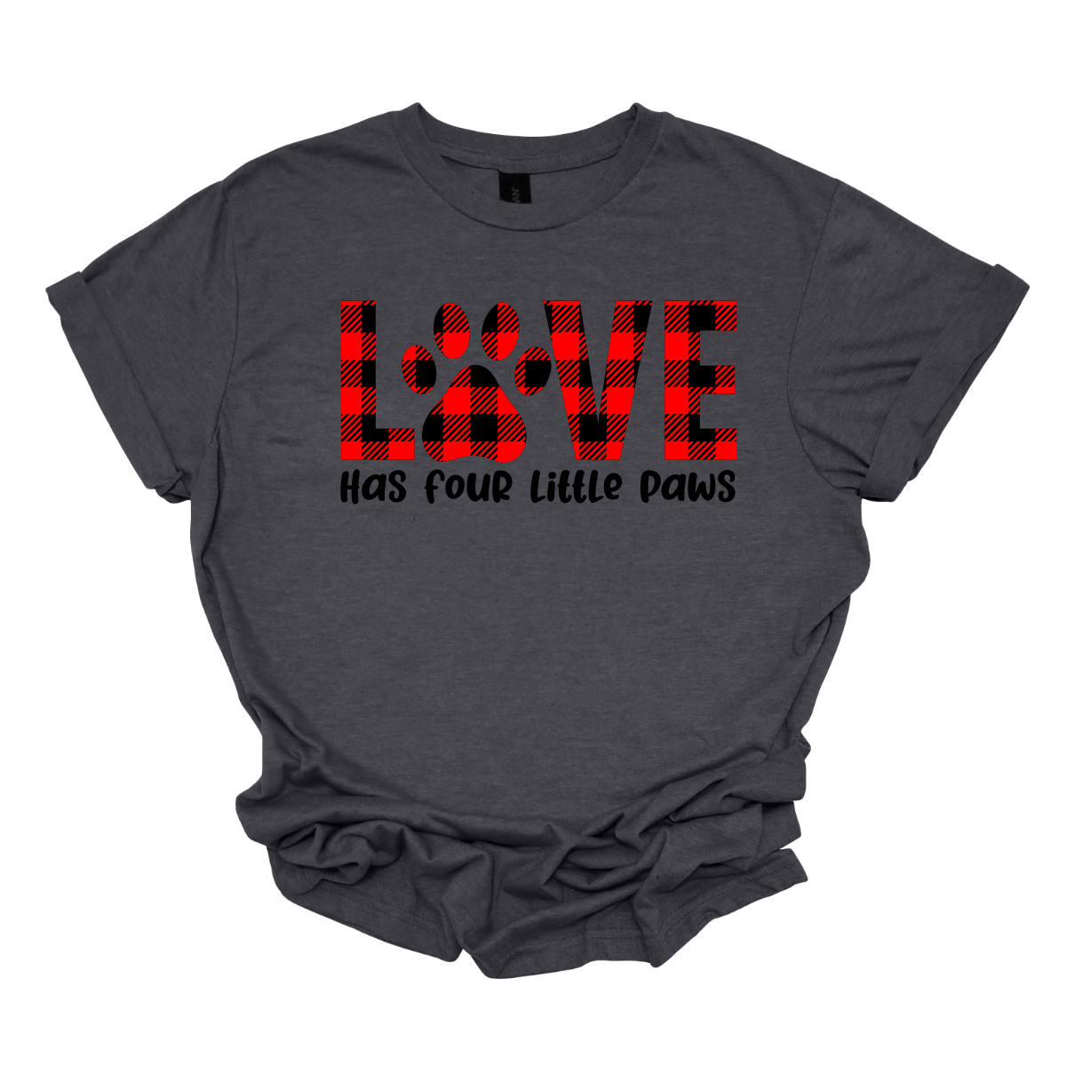 Declare your love for furry companions with our 'LOVE has Four Little Paws' T-shirt, featuring an adorable paw print in black and red plaid and a paw as the 'O'. This tee is a heartwarming tribute to the joy that pets bring into our lives. The charming plaid design adds a touch of rustic charm, creating a perfect blend of style and sentiment. Shop at Gorgeousware.com today!