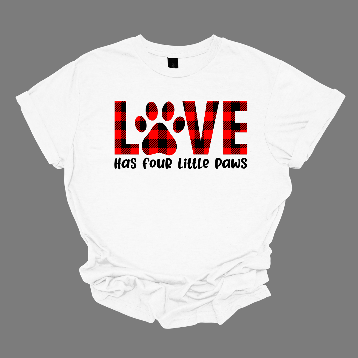 Declare your love for furry companions with our 'LOVE has Four Little Paws' T-shirt, featuring an adorable paw print in black and red plaid and a paw as the 'O'. This tee is a heartwarming tribute to the joy that pets bring into our lives. The charming plaid design adds a touch of rustic  charm, creating a perfect blend of style and sentiment. Shop at Gorgeousware.com today!