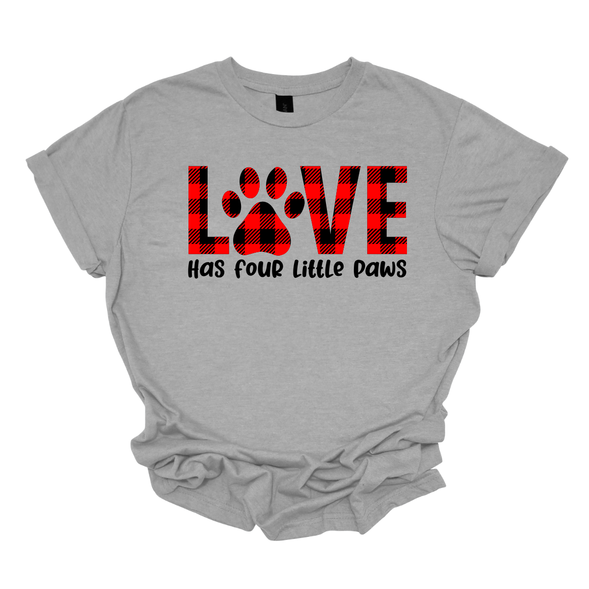 Declare your love for furry companions with our 'LOVE has Four Little Paws' T-shirt, featuring an adorable paw print in black and red plaid and a paw as the 'O'. This tee is a heartwarming tribute to the joy that pets bring into our lives. The charming plaid design adds a touch of rustic  charm, creating a perfect blend of style and sentiment. Shop at Gorgeousware.com today!