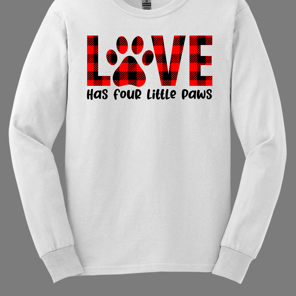 Declare your love for furry companions with our 'LOVE has Four Little Paws' T-shirt, featuring an adorable paw print in black and red plaid and a paw as the 'O'. This tee is a heartwarming tribute to the joy that pets bring into our lives. The charming plaid design adds a touch of rustic  charm, creating a perfect blend of style and sentiment. Shop at Gorgeousware.com today!