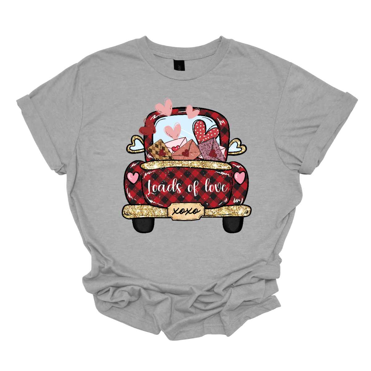 Introducing our "Loads of Love" T-shirt – a heartwarming and charming garment that combines the rustic charm of a red and black plaid pickup truck with a generous load of love letters and hearts. This shirt features the back end of a pickup truck filled to the brim with sentiments of love. The truck bed is overflowing with an abundance of love letters, each sealed with care, and accompanied by whimsical hearts. Shop at Gorgeousware.com