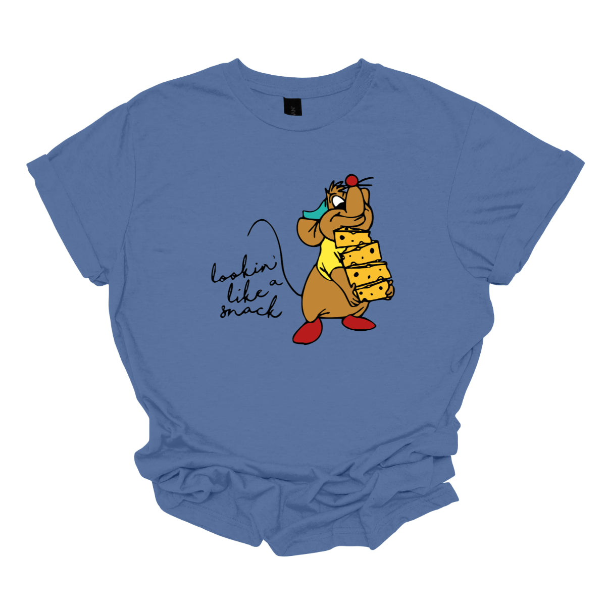 This t-shirt showcases a fun and cheeky design with the playful phrase "Lookin' Like a Snack" written in a delicate black cursive font that adds a touch of elegance. The text is both stylish and sassy, making a light-hearted statement. Adjacent to the text, there's an adorable illustration of the cartoon character Gus Gus from Cinderella. Gus Gus is depicted carrying a blocks of cheese stacked high, balancing it on his chin with a charmingly clumsy look. Shop Gorgeousware.com