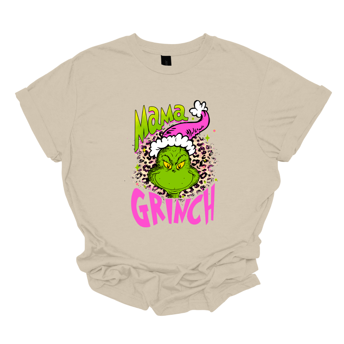 At the center of the design is the phrase "Mama Grinch," rendered in a whimsical, Grinch-style font. The word "Mama" pops in a vibrant green color with a delicate pink shadow that adds a touch of charm. The word "Grinch" contrasts in a bold, eye-catching pink that stands out against the green. Between the two words, there's a delightful illustration of the Grinch himself. He's sporting a cute pink and white Santa hat, which adds a fun and seasonal flair. Shop Gorgeousware.com