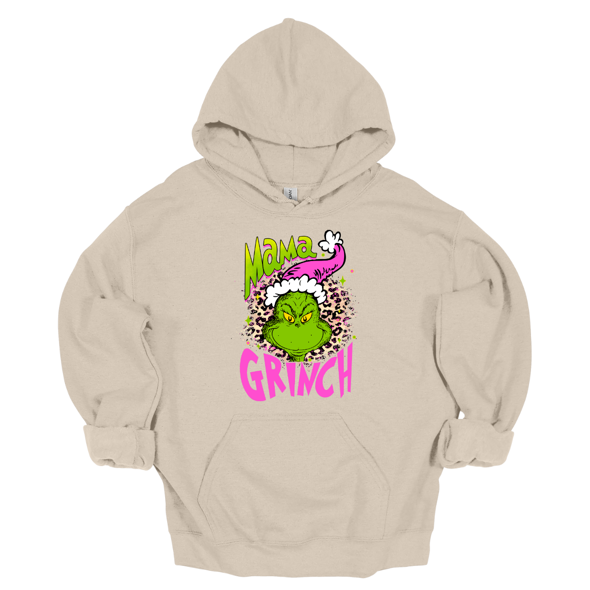 At the center of the design is the phrase "Mama Grinch," rendered in a whimsical, Grinch-style font. The word "Mama" pops in a vibrant green color with a delicate pink shadow that adds a touch of charm. The word "Grinch" contrasts in a bold, eye-catching pink that stands out against the green. Between the two words, there's a delightful illustration of the Grinch himself. He's sporting a cute pink and white Santa hat, which adds a fun and seasonal flair. Shop Gorgeousware.com