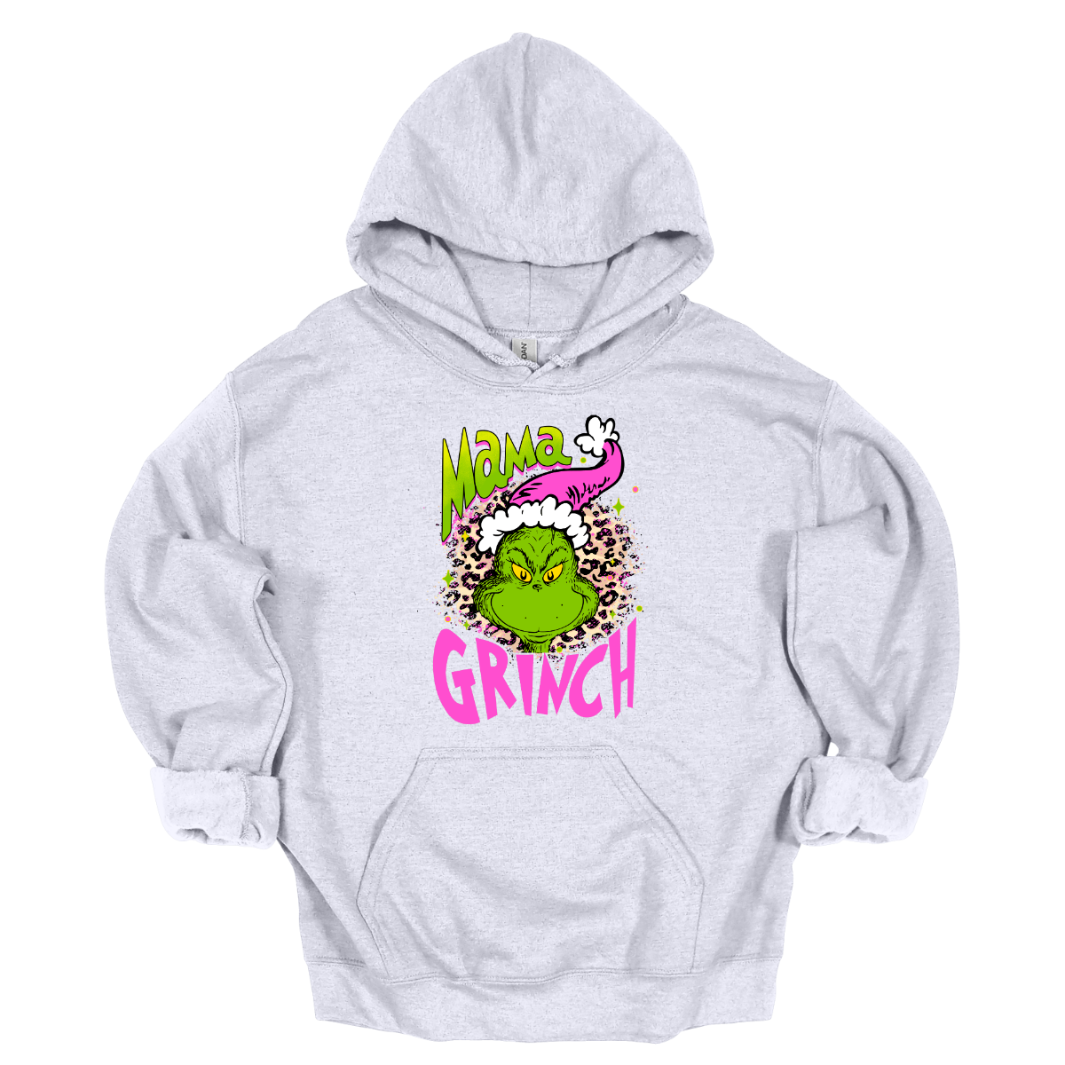 At the center of the design is the phrase "Mama Grinch," rendered in a whimsical, Grinch-style font. The word "Mama" pops in a vibrant green color with a delicate pink shadow that adds a touch of charm. The word "Grinch" contrasts in a bold, eye-catching pink that stands out against the green. Between the two words, there's a delightful illustration of the Grinch himself. He's sporting a cute pink and white Santa hat, which adds a fun and seasonal flair. Shop Gorgeousware.com