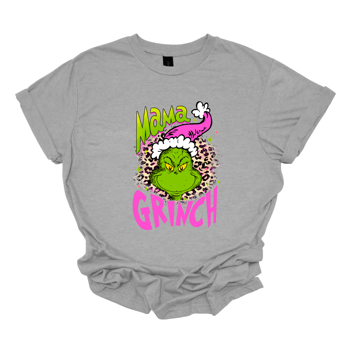 At the center of the design is the phrase "Mama Grinch," rendered in a whimsical, Grinch-style font. The word "Mama" pops in a vibrant green color with a delicate pink shadow that adds a touch of charm. The word "Grinch" contrasts in a bold, eye-catching pink that stands out against the green. Between the two words, there's a delightful illustration of the Grinch himself. He's sporting a cute pink and white Santa hat, which adds a fun and seasonal flair. Shop Gorgeousware.com