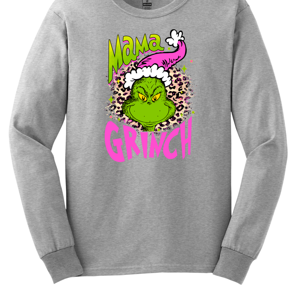 At the center of the design is the phrase "Mama Grinch," rendered in a whimsical, Grinch-style font. The word "Mama" pops in a vibrant green color with a delicate pink shadow that adds a touch of charm. The word "Grinch" contrasts in a bold, eye-catching pink that stands out against the green. Between the two words, there's a delightful illustration of the Grinch himself. He's sporting a cute pink and white Santa hat, which adds a fun and seasonal flair. Shop Gorgeousware.com