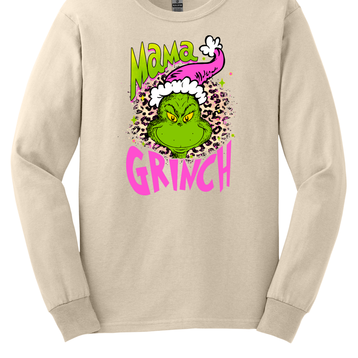 At the center of the design is the phrase "Mama Grinch," rendered in a whimsical, Grinch-style font. The word "Mama" pops in a vibrant green color with a delicate pink shadow that adds a touch of charm. The word "Grinch" contrasts in a bold, eye-catching pink that stands out against the green. Between the two words, there's a delightful illustration of the Grinch himself. He's sporting a cute pink and white Santa hat, which adds a fun and seasonal flair. Shop Gorgeousware.com