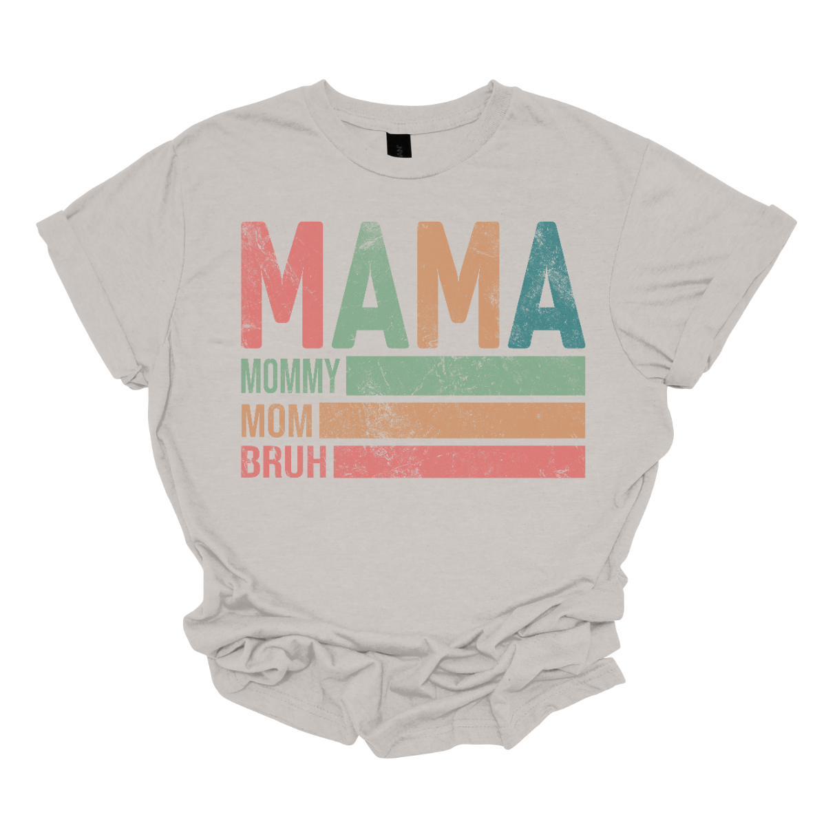 This shirt features a playful and vibrant design with the words "Mama, Mommy, Mom, Bruh" in a fun, eye-catching font. The text is arranged in a bold, dynamic style, giving it a laid-back, modern feel. The shirt’s color palette is a mix of cool tones, blending rose pine, mustard yellow, green, and blue. These colors come together to create a relaxed yet energetic vibe. Shop Gorgeousware.com