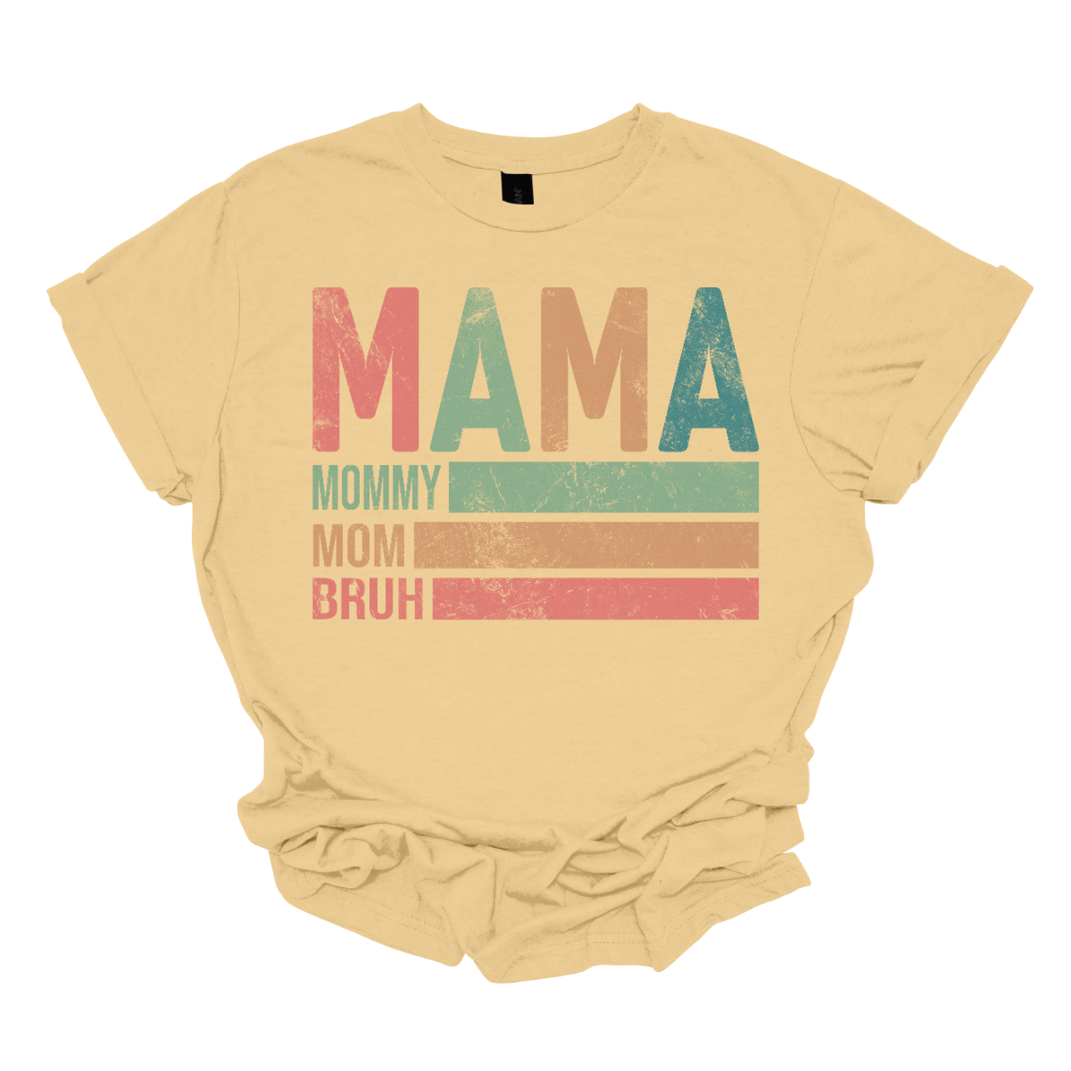 This shirt features a playful and vibrant design with the words "Mama, Mommy, Mom, Bruh" in a fun, eye-catching font. The text is arranged in a bold, dynamic style, giving it a laid-back, modern feel. The shirt’s color palette is a mix of cool tones, blending rose pine, mustard yellow, green, and blue. These colors come together to create a relaxed yet energetic vibe. Shop Gorgeousware.com