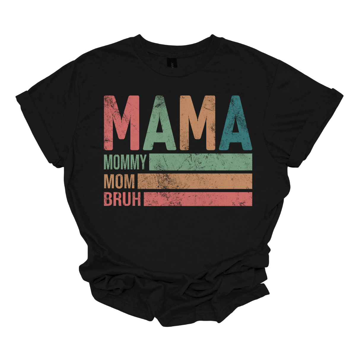 This shirt features a playful and vibrant design with the words "Mama, Mommy, Mom, Bruh" in a fun, eye-catching font. The text is arranged in a bold, dynamic style, giving it a laid-back, modern feel. The shirt’s color palette is a mix of cool tones, blending rose pine, mustard yellow, green, and blue. These colors come together to create a relaxed yet energetic vibe. Shop Gorgeousware.com