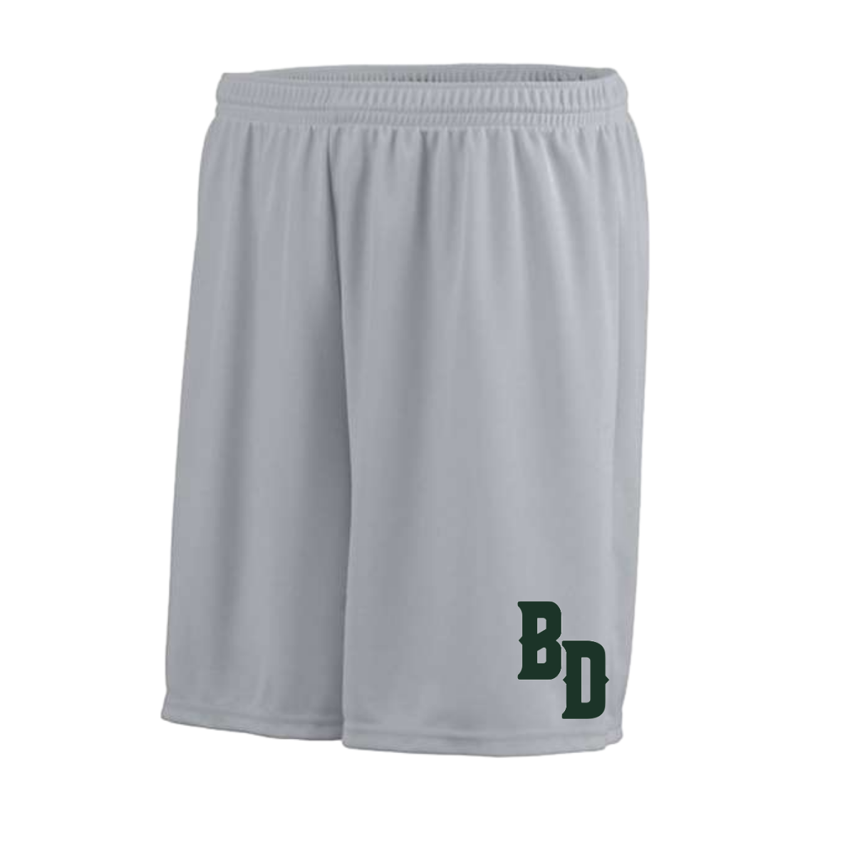 Gray shorts with green logo on a white background