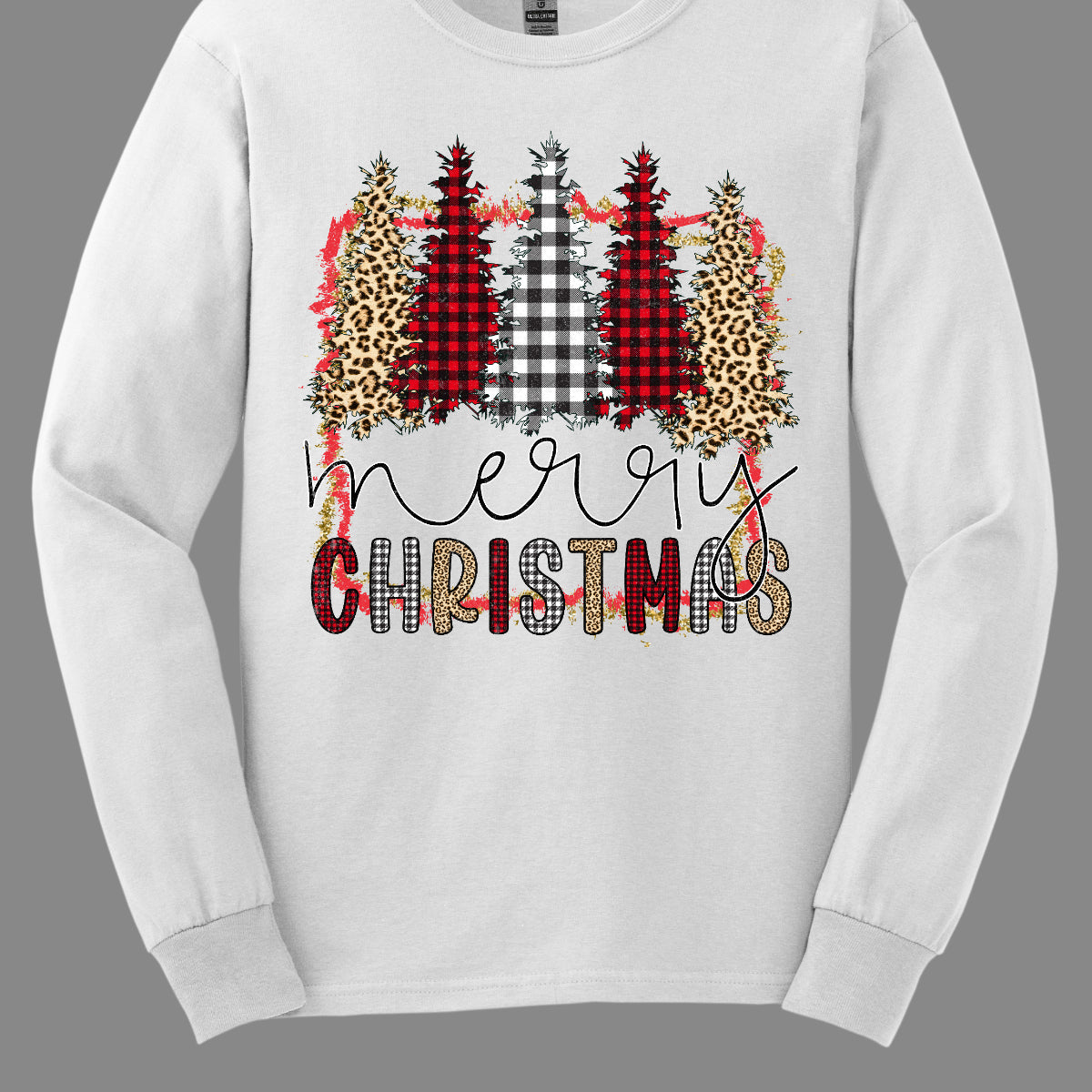 This festive t-shirt showcases the playful phrase "Merry Christmas." The word "Merry" is elegantly rendered in a fine line black cursive, giving it a classic touch. Below, "Christmas" features a lively bubbly font that alternates between red and black plaid, white and black plaid, and cheetah print, adding a fun and trendy vibe. Shop Gorgeousware.com