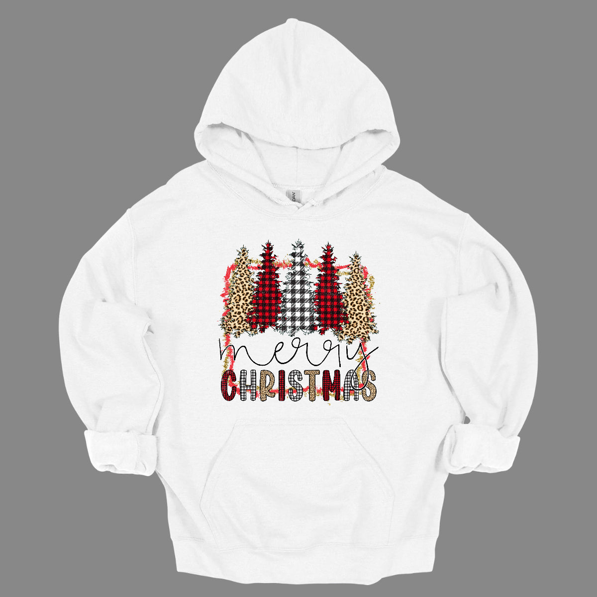 This festive t-shirt showcases the playful phrase "Merry Christmas." The word "Merry" is elegantly rendered in a fine line black cursive, giving it a classic touch. Below, "Christmas" features a lively bubbly font that alternates between red and black plaid, white and black plaid, and cheetah print, adding a fun and trendy vibe. Shop Gorgeousware.com