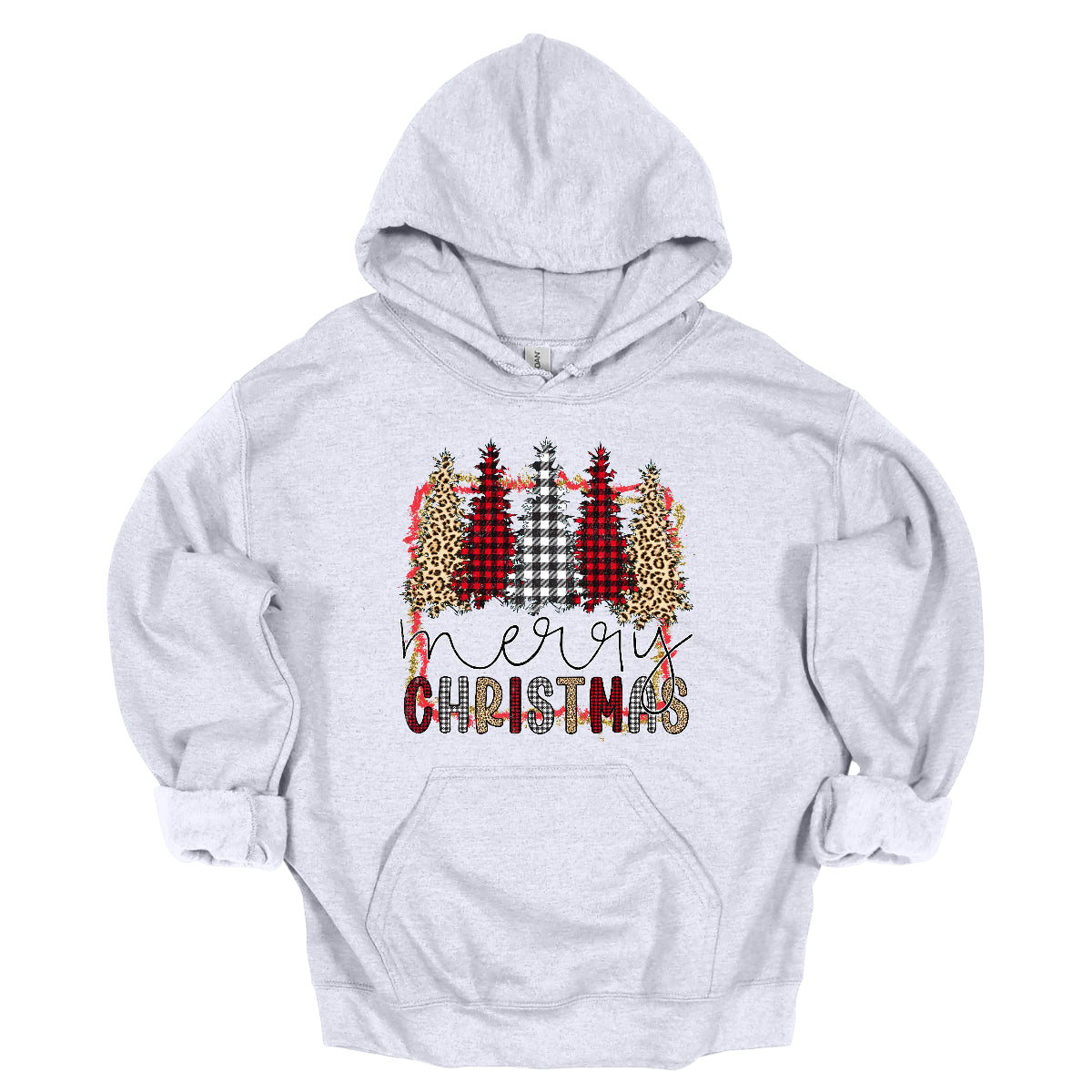 This festive t-shirt showcases the playful phrase "Merry Christmas." The word "Merry" is elegantly rendered in a fine line black cursive, giving it a classic touch. Below, "Christmas" features a lively bubbly font that alternates between red and black plaid, white and black plaid, and cheetah print, adding a fun and trendy vibe. Shop Gorgeousware.com