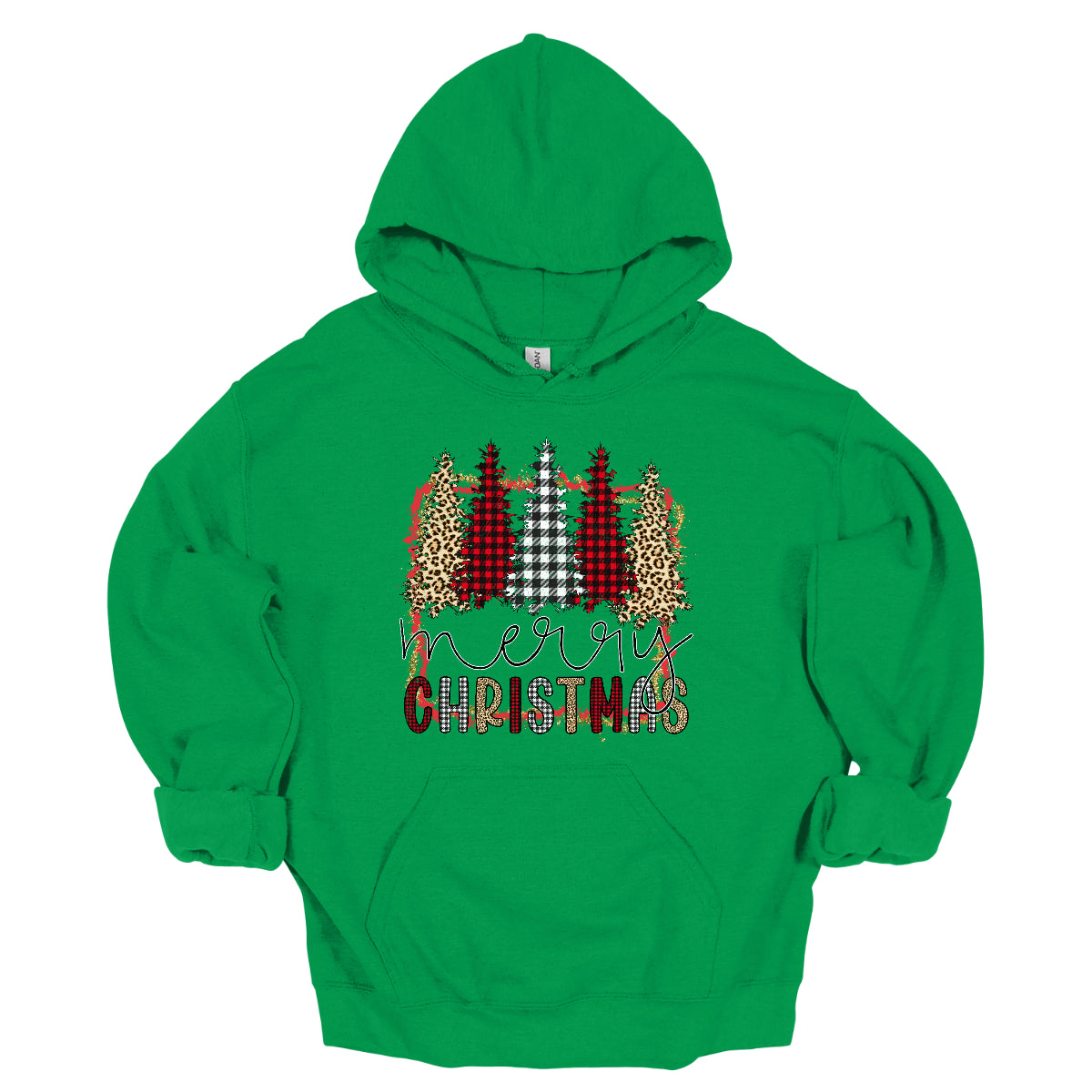This festive t-shirt showcases the playful phrase "Merry Christmas." The word "Merry" is elegantly rendered in a fine line black cursive, giving it a classic touch. Below, "Christmas" features a lively bubbly font that alternates between red and black plaid, white and black plaid, and cheetah print, adding a fun and trendy vibe. Shop Gorgeousware.com
