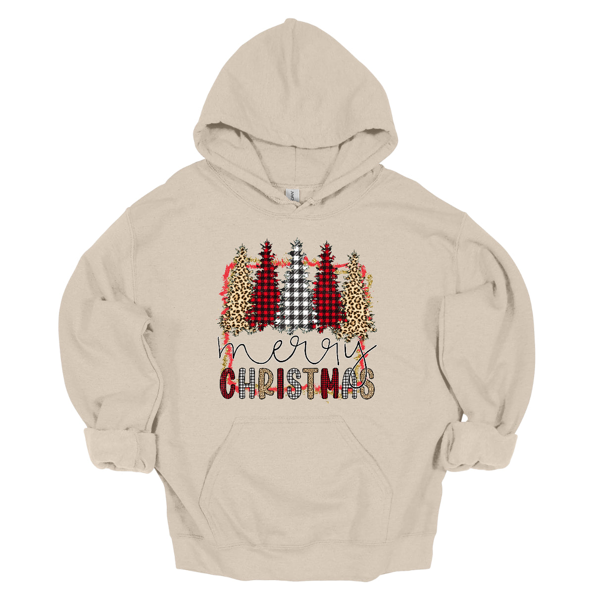 This festive t-shirt showcases the playful phrase "Merry Christmas." The word "Merry" is elegantly rendered in a fine line black cursive, giving it a classic touch. Below, "Christmas" features a lively bubbly font that alternates between red and black plaid, white and black plaid, and cheetah print, adding a fun and trendy vibe. Shop Gorgeousware.com