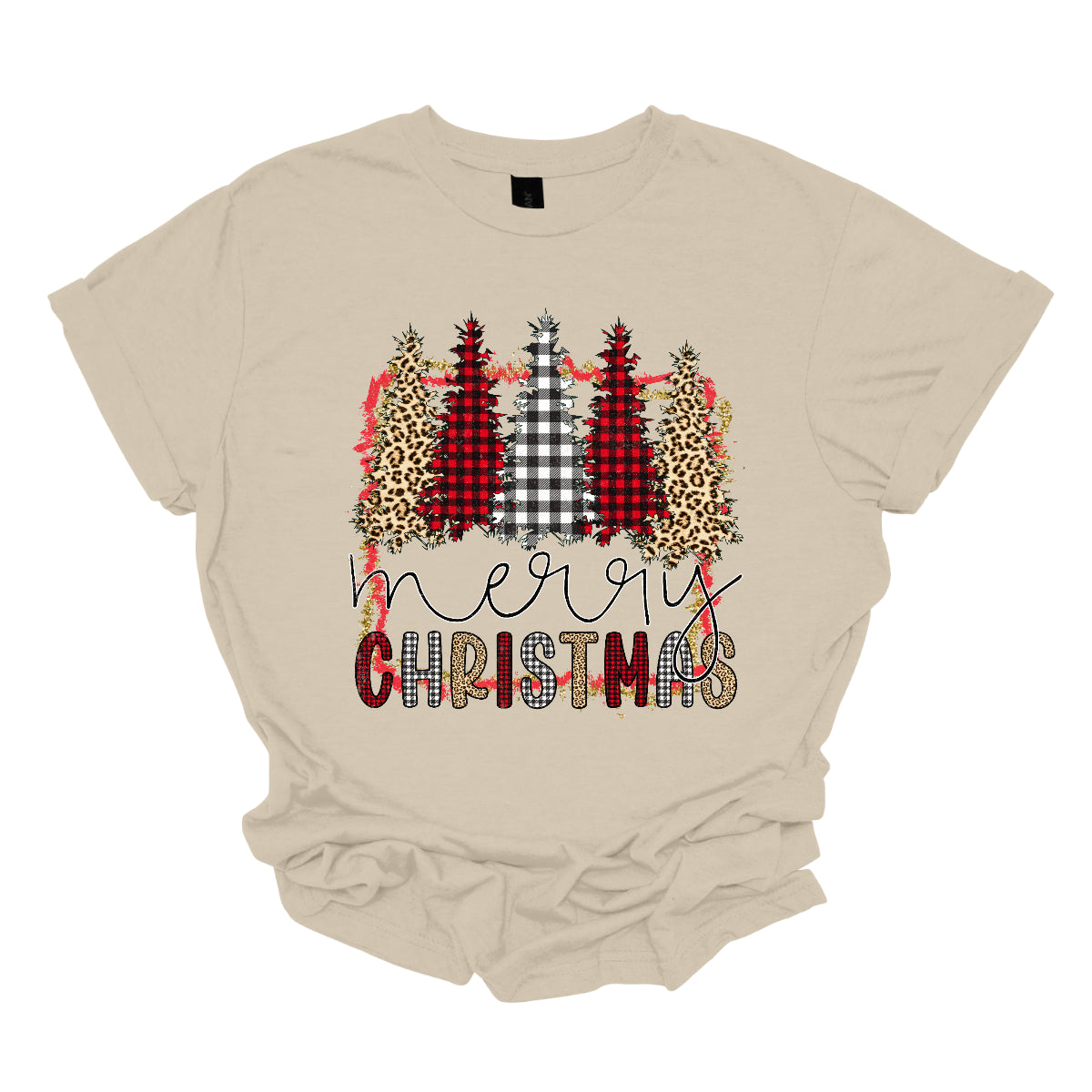 This festive t-shirt showcases the playful phrase "Merry Christmas." The word "Merry" is elegantly rendered in a fine line black cursive, giving it a classic touch. Below, "Christmas" features a lively bubbly font that alternates between red and black plaid, white and black plaid, and cheetah print, adding a fun and trendy vibe. Shop Gorgeousware.com