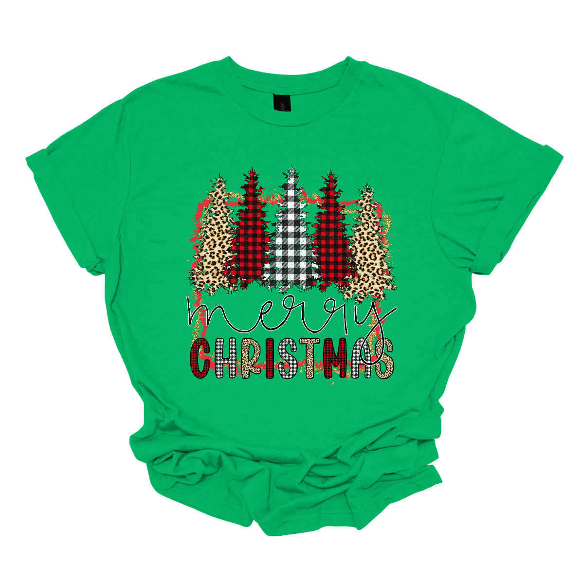 This festive t-shirt showcases the playful phrase "Merry Christmas." The word "Merry" is elegantly rendered in a fine line black cursive, giving it a classic touch. Below, "Christmas" features a lively bubbly font that alternates between red and black plaid, white and black plaid, and cheetah print, adding a fun and trendy vibe. Shop Gorgeousware.com