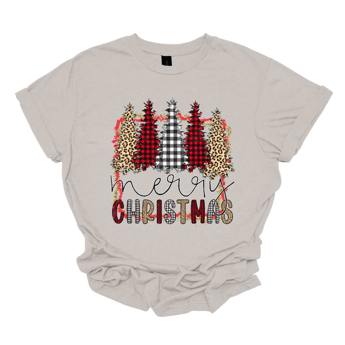 This festive t-shirt showcases the playful phrase "Merry Christmas." The word "Merry" is elegantly rendered in a fine line black cursive, giving it a classic touch. Below, "Christmas" features a lively bubbly font that alternates between red and black plaid, white and black plaid, and cheetah print, adding a fun and trendy vibe. Shop Gorgeousware.com