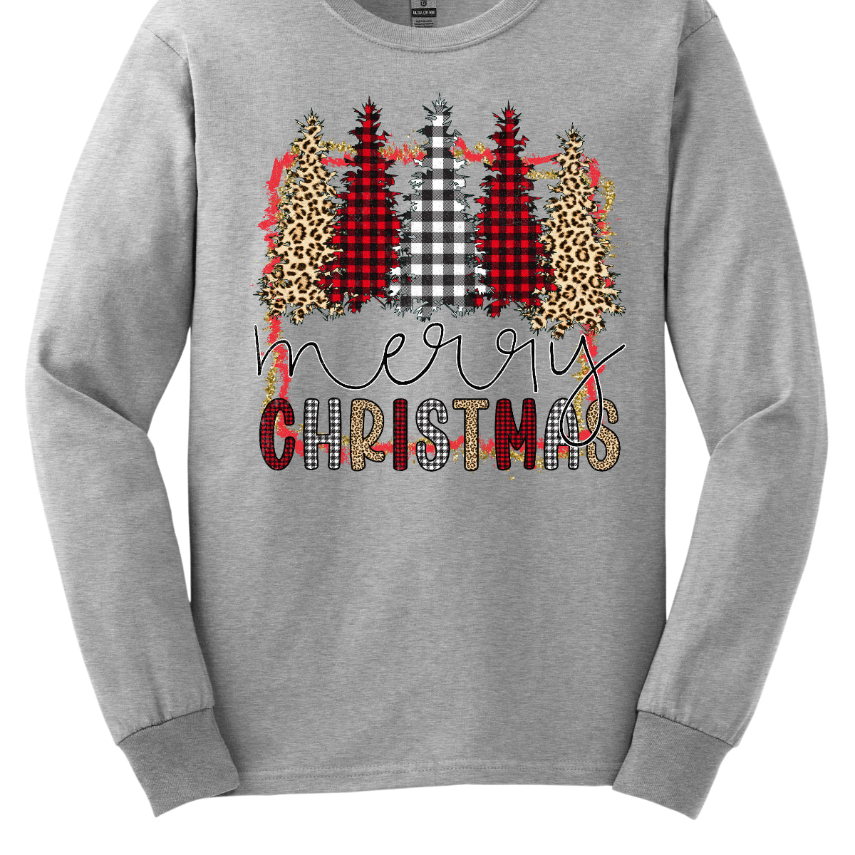 This festive t-shirt showcases the playful phrase "Merry Christmas." The word "Merry" is elegantly rendered in a fine line black cursive, giving it a classic touch. Below, "Christmas" features a lively bubbly font that alternates between red and black plaid, white and black plaid, and cheetah print, adding a fun and trendy vibe. Shop Gorgeousware.com