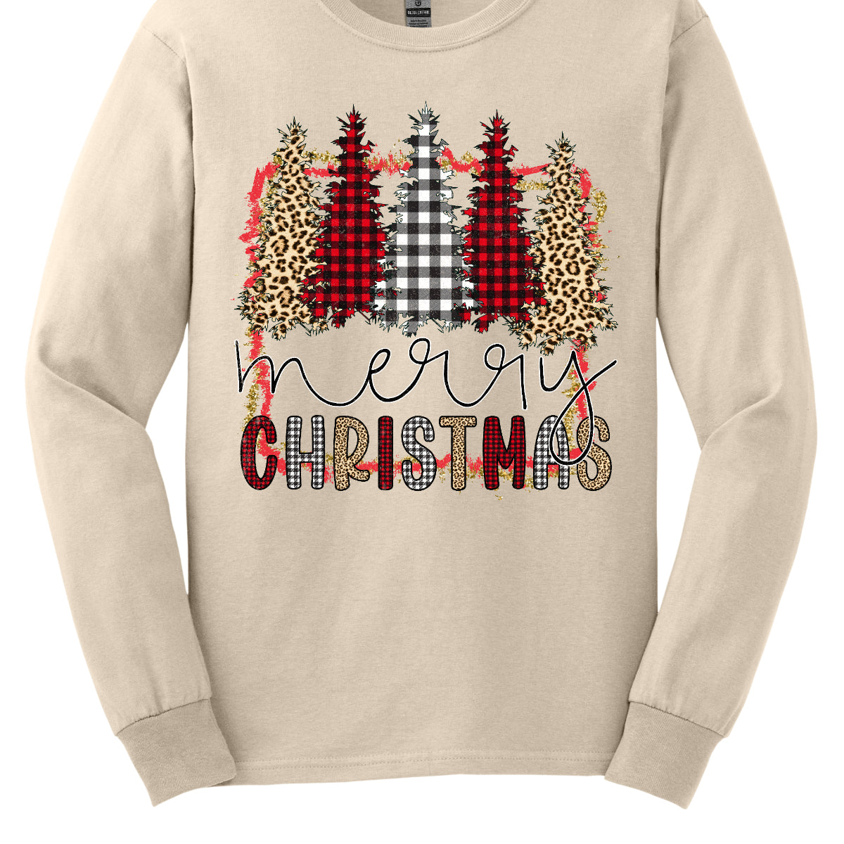 This festive t-shirt showcases the playful phrase "Merry Christmas." The word "Merry" is elegantly rendered in a fine line black cursive, giving it a classic touch. Below, "Christmas" features a lively bubbly font that alternates between red and black plaid, white and black plaid, and cheetah print, adding a fun and trendy vibe. Shop Gorgeousware.com