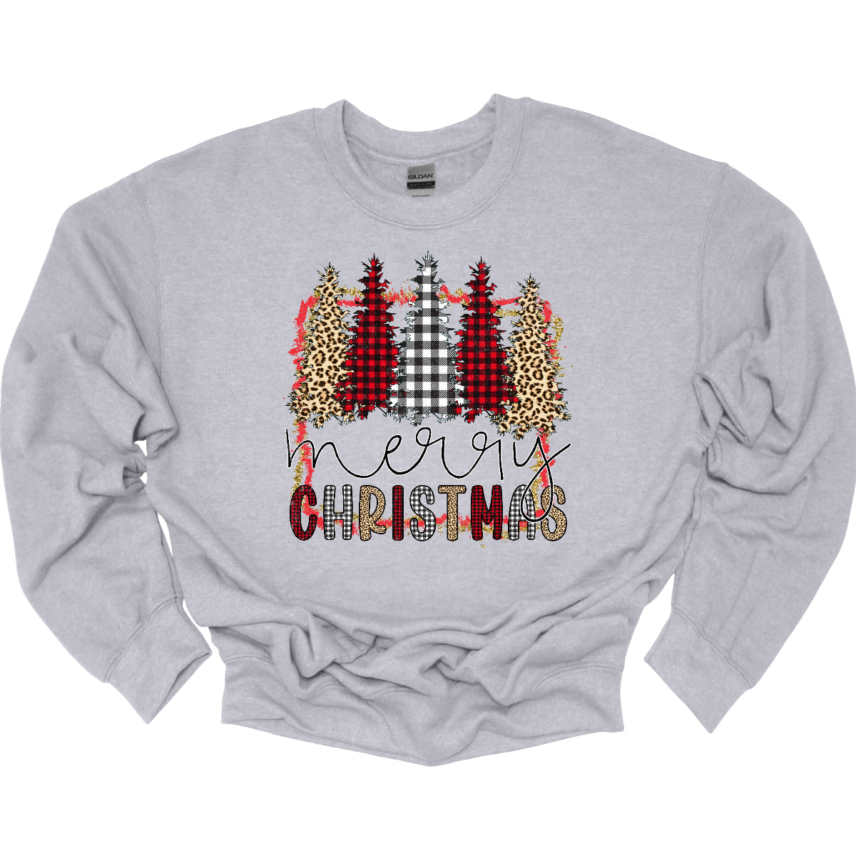 This festive t-shirt showcases the playful phrase "Merry Christmas." The word "Merry" is elegantly rendered in a fine line black cursive, giving it a classic touch. Below, "Christmas" features a lively bubbly font that alternates between red and black plaid, white and black plaid, and cheetah print, adding a fun and trendy vibe. Shop Gorgeousware.com
