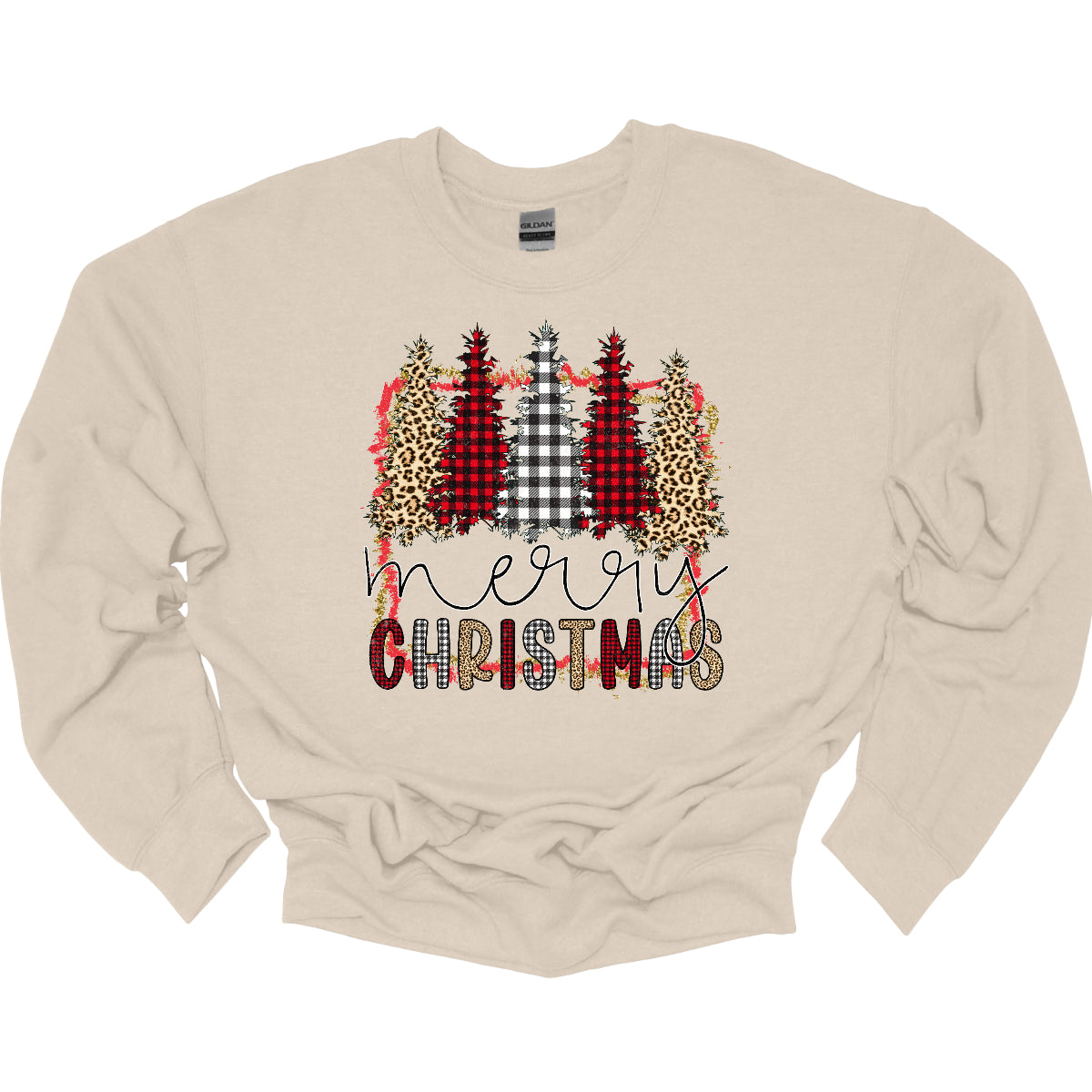 This festive t-shirt showcases the playful phrase "Merry Christmas." The word "Merry" is elegantly rendered in a fine line black cursive, giving it a classic touch. Below, "Christmas" features a lively bubbly font that alternates between red and black plaid, white and black plaid, and cheetah print, adding a fun and trendy vibe. Shop Gorgeousware.com