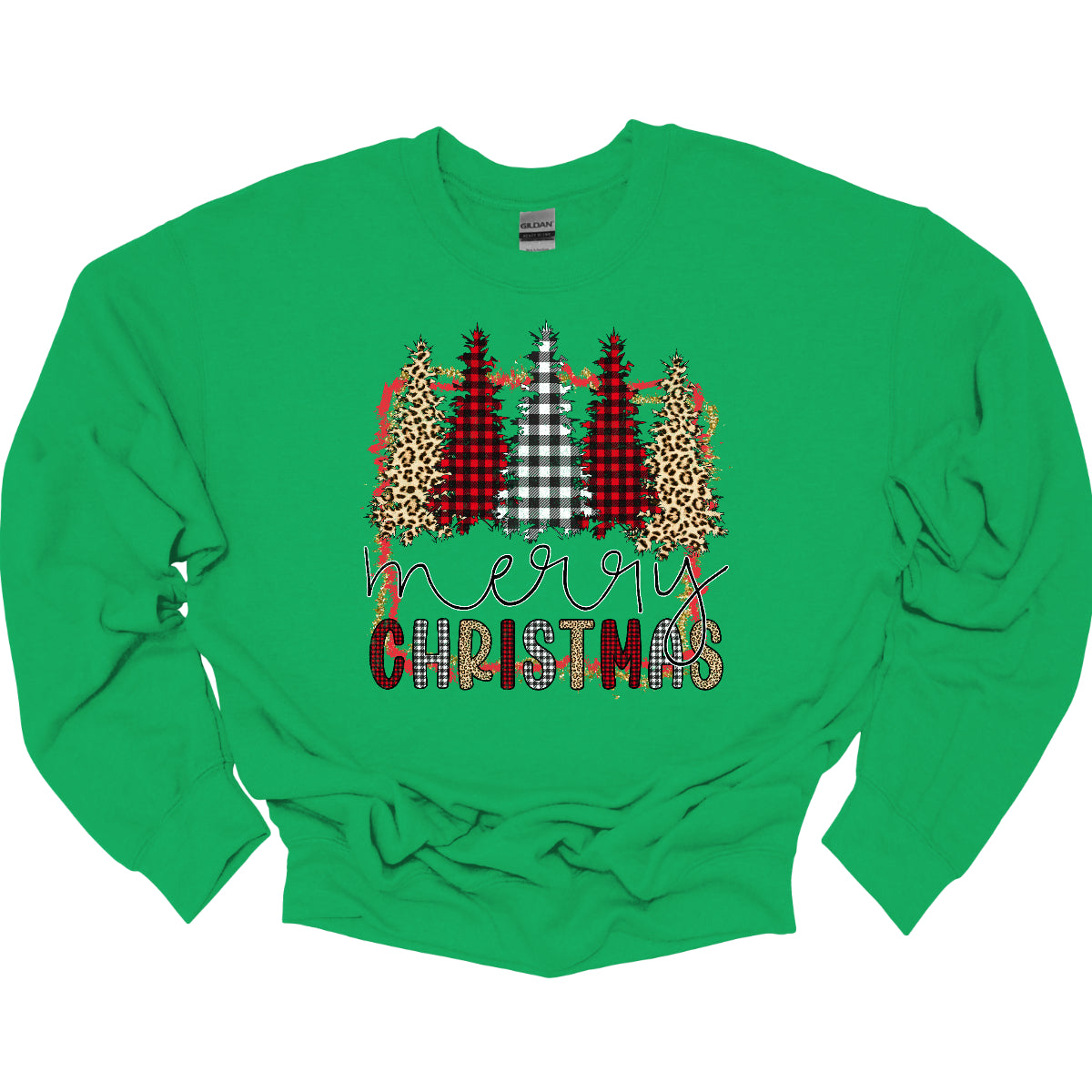 This festive t-shirt showcases the playful phrase "Merry Christmas." The word "Merry" is elegantly rendered in a fine line black cursive, giving it a classic touch. Below, "Christmas" features a lively bubbly font that alternates between red and black plaid, white and black plaid, and cheetah print, adding a fun and trendy vibe. Shop Gorgeousware.com
